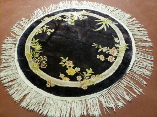 4' X 4' Vintage Round Handmade Chinese Silk Art Deco Rug Flowers Black Nice - Jewel Rugs