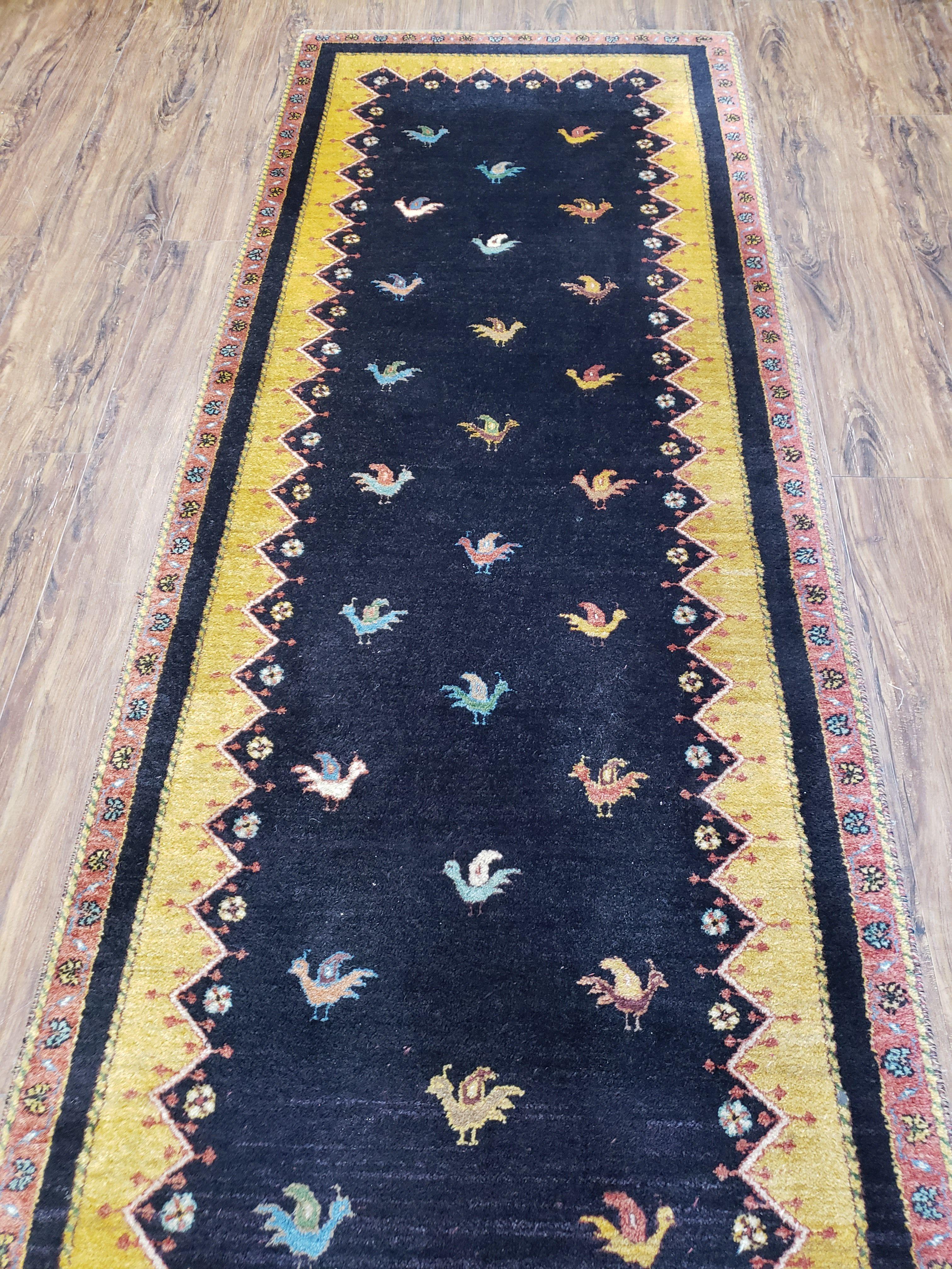 2' 4" X 9' 9" Handmade India Oriental Wool Runner Rug Birds Navy Blue Yellow - Jewel Rugs