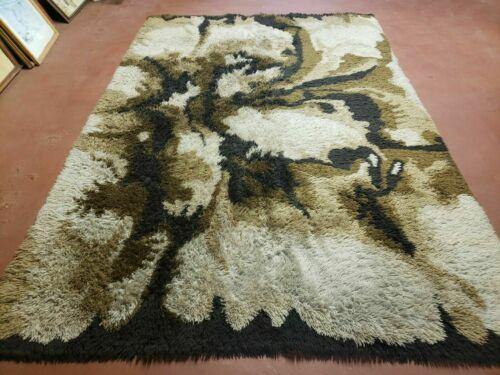 6' X 9' Vintage 1960 Danish Rya Shag DeLuxe Ege Rug Mid-Century Modern Ivory Brown - Jewel Rugs