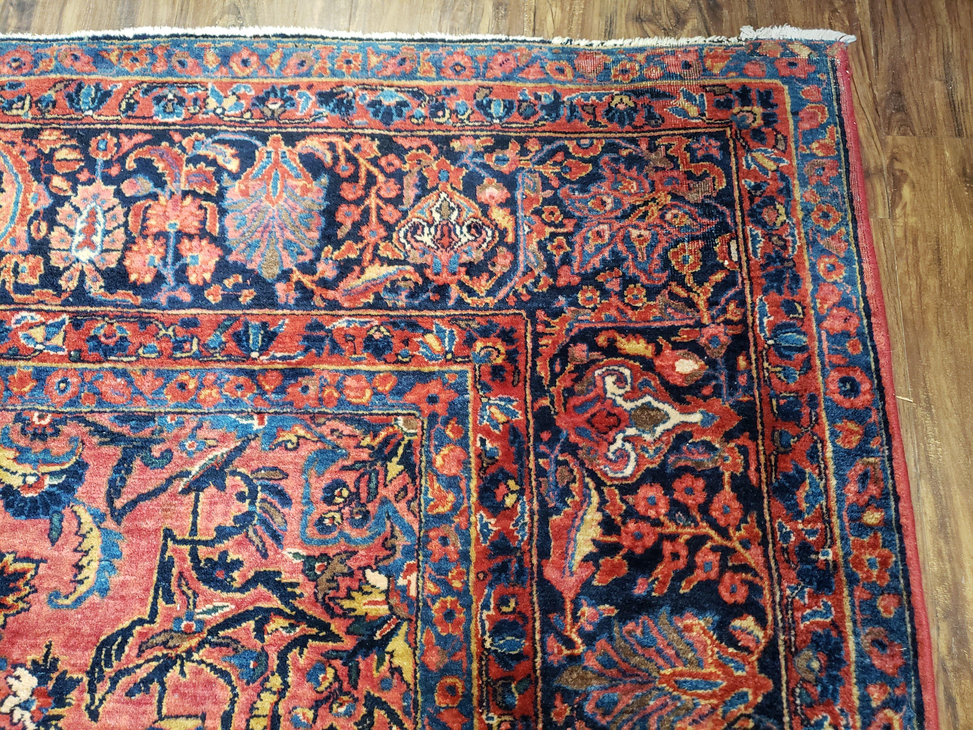 Antique Persian Oriental Rug 9x12, Room Sized 1920s Persian Area Rug, Hand-Knotted Fine Unique Carpet, Wool, Red Blue & Beige, Farmhouse Rug - Jewel Rugs