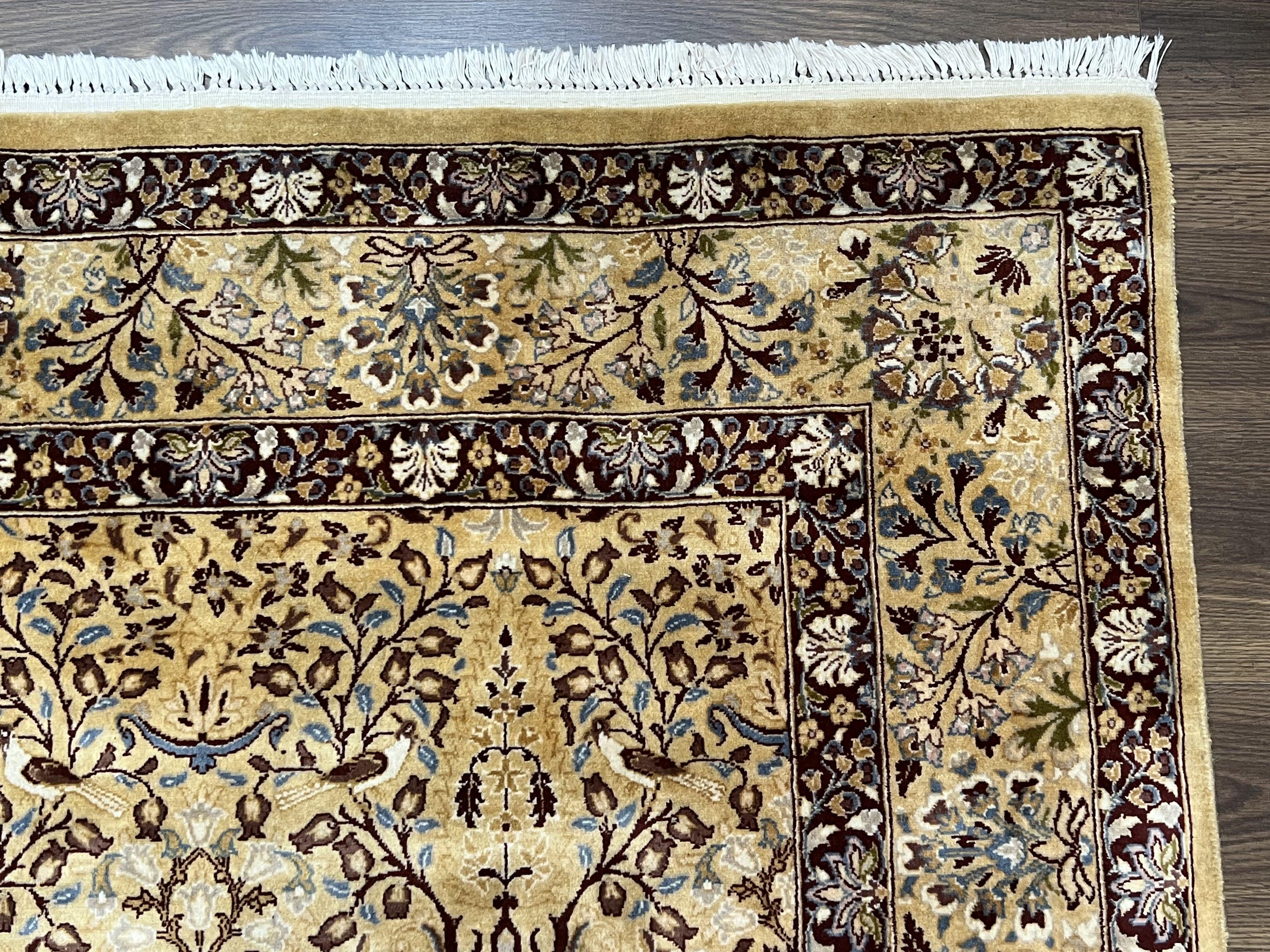 Pretty Indo Persian Rug 6x9, Allover Floral Motif with Birds, Tan/Cream, Very Fine Oriental Carpet, Hand Knotted Vintage Indian Wool Rug - Jewel Rugs