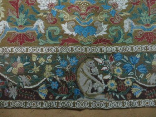 9' X 12' Vintage Hand Made English Needlepoint Wool Rug Monkey Rooster Bird Nice - Jewel Rugs