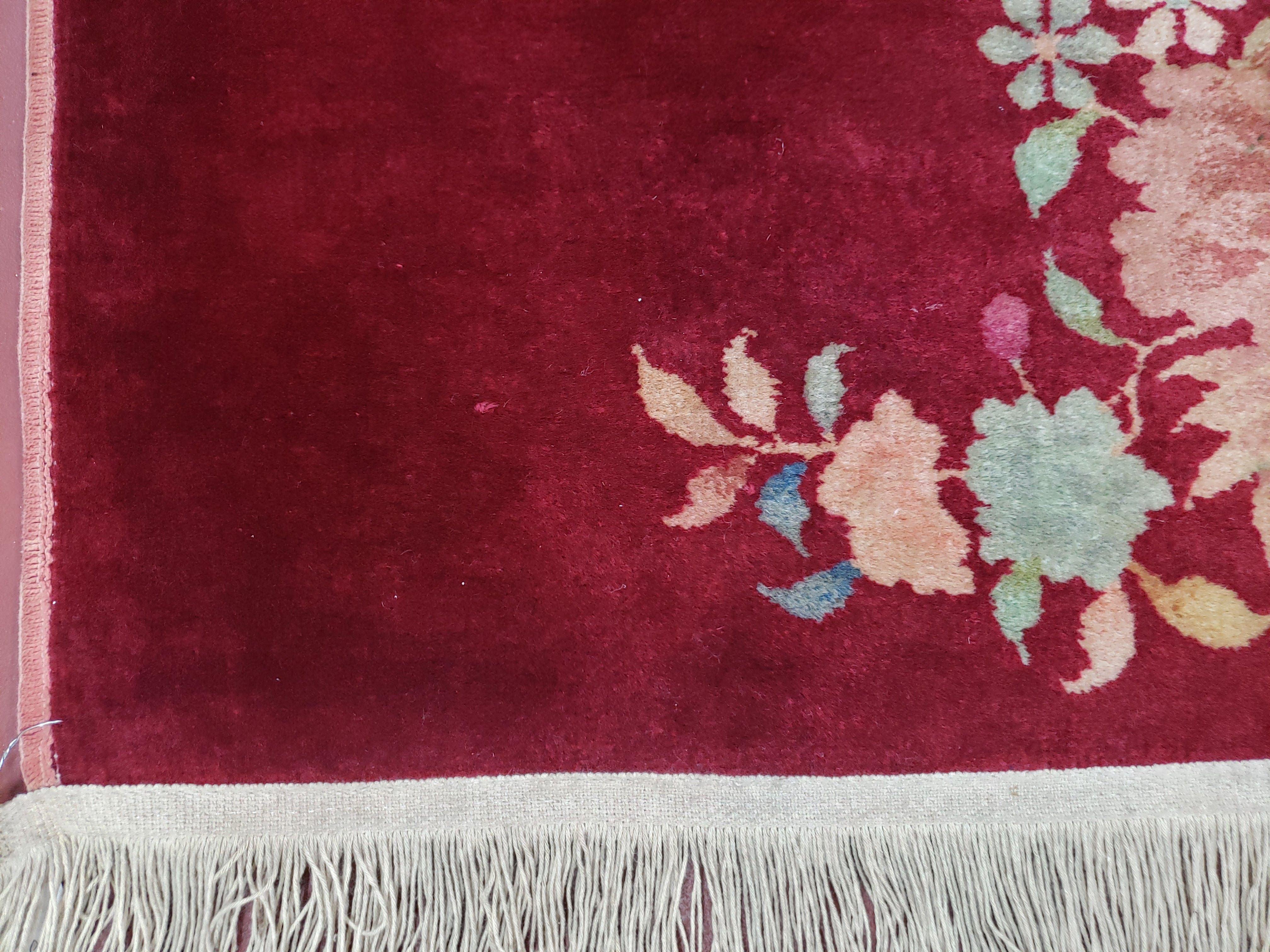 Chinese Art Deco Rug, 2x4 Rug, Maroon Red Nichols Rug Flowers, Antique Rug, Small Art Deco Carpet, Wool Rug, Hand Knotted, Accent Rug Pair B - Jewel Rugs