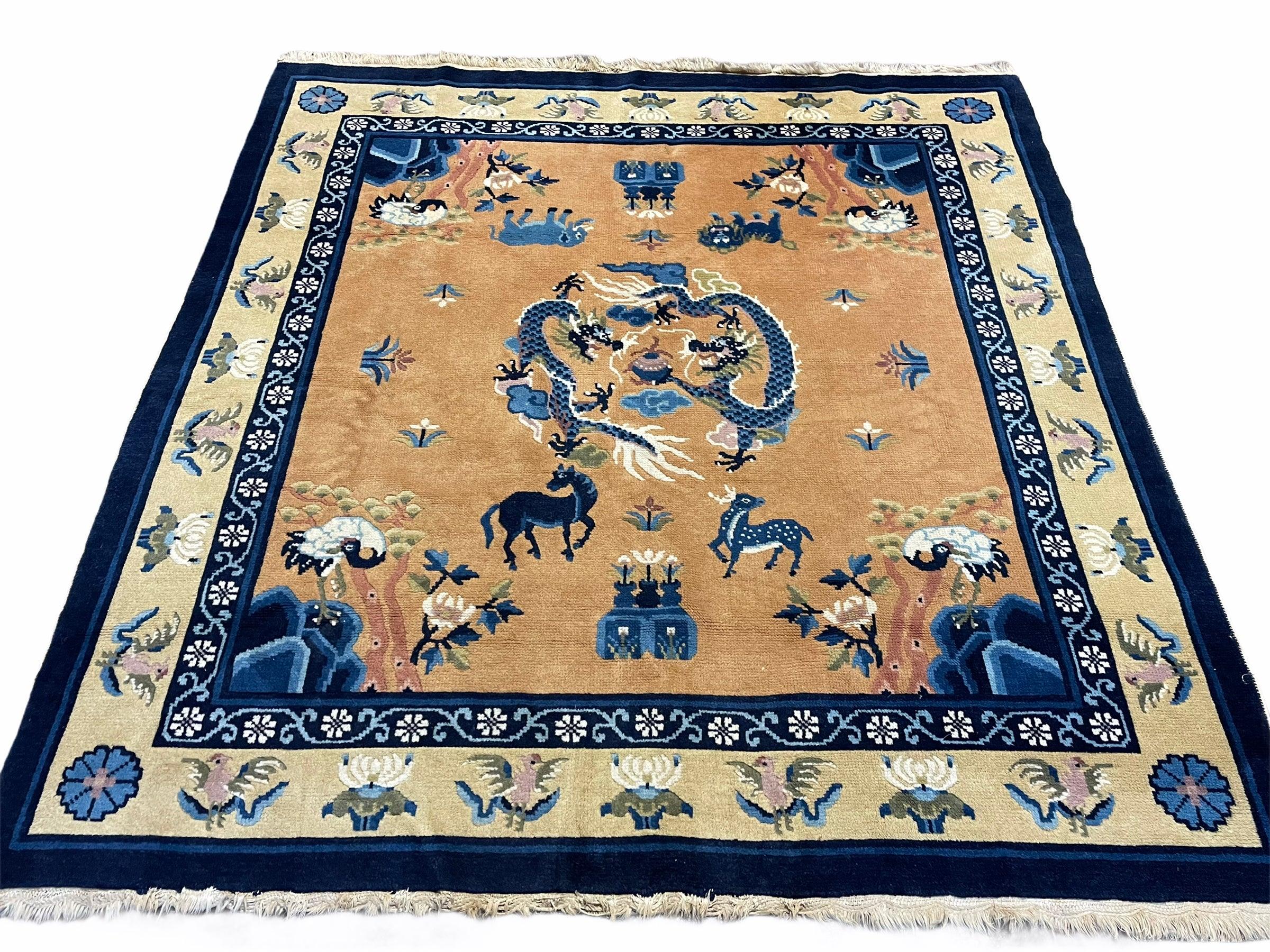 5x5 Vintage Chinese Peking Art Deco Nichols Square Rug Animals Dragons Elephant - Jewel Rugs