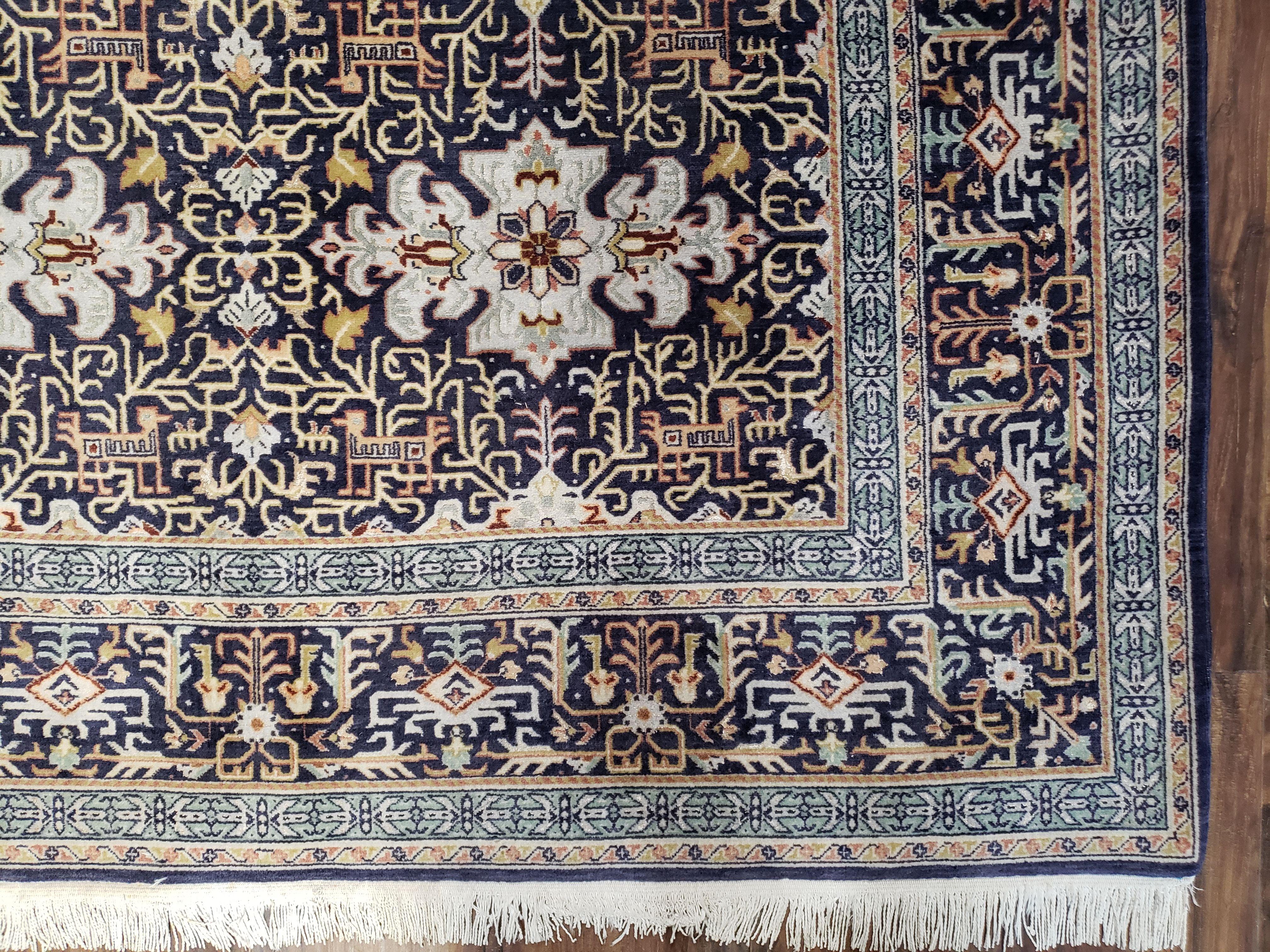 Semi-Antique Persian Kashan Rug, Midnight Blue & Ivory, Hand-Knotted, Wool, 4' 8" x 7' 4", Pair A - Jewel Rugs