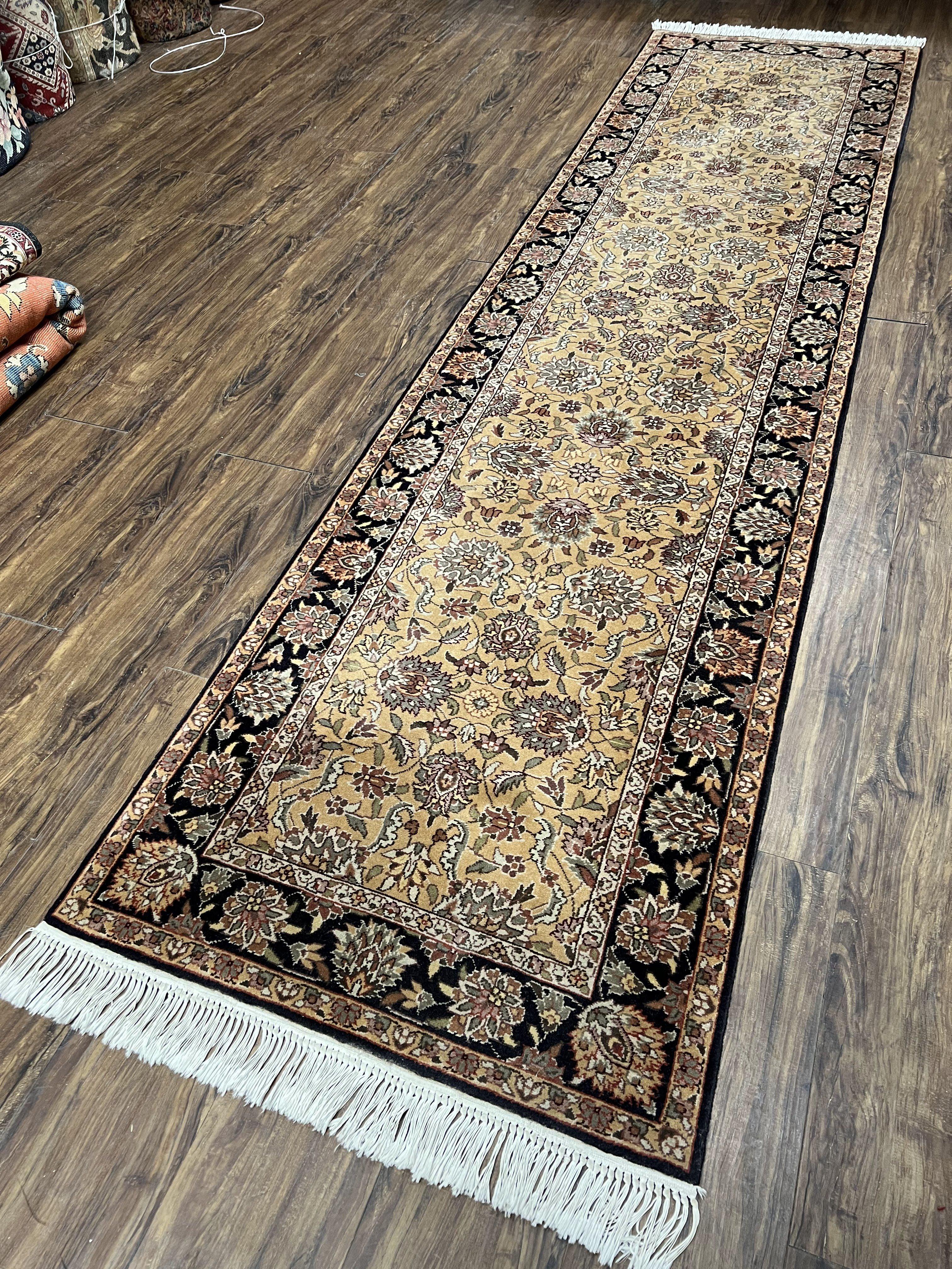 Sino Persian Runner Rug 3 x 10 ft Oriental Runner, Hand Knotted Vintage Hallway Rug, High Quality Wool 10ft Runner, Tan Black Allover Floral - Jewel Rugs