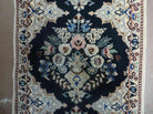 Fine Persian Runner 1.8 x 5, Persian Nain Carpet, Short Runner 5ft Long, Hand Knotted Wool and Silk Antique Rug, Floral Vases, Navy Blue and Ivory, Luxury Rug - Jewel Rugs