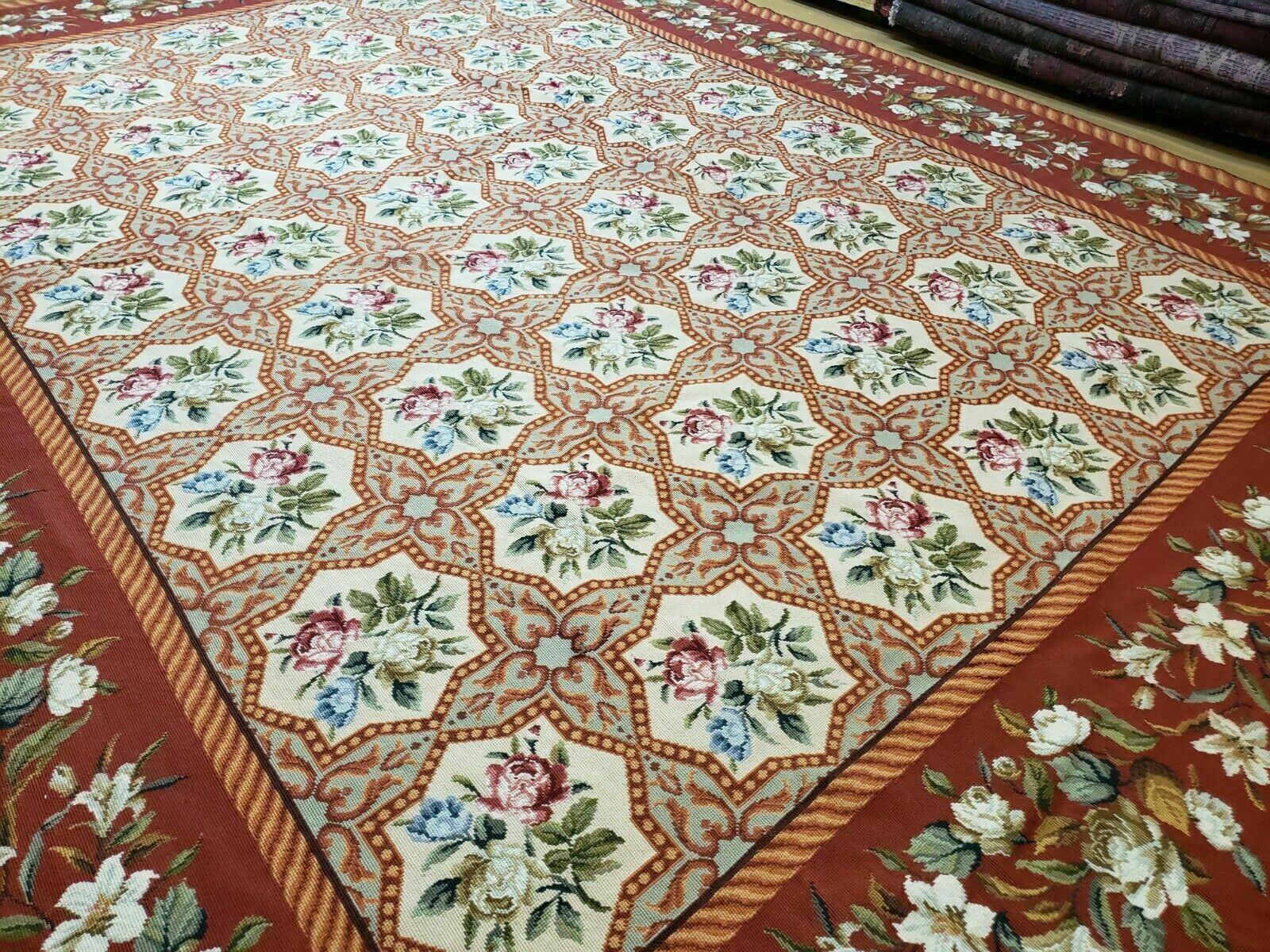 9' X 12' Handmade English Needlepoint Wool Rug Flat Weave - Jewel Rugs