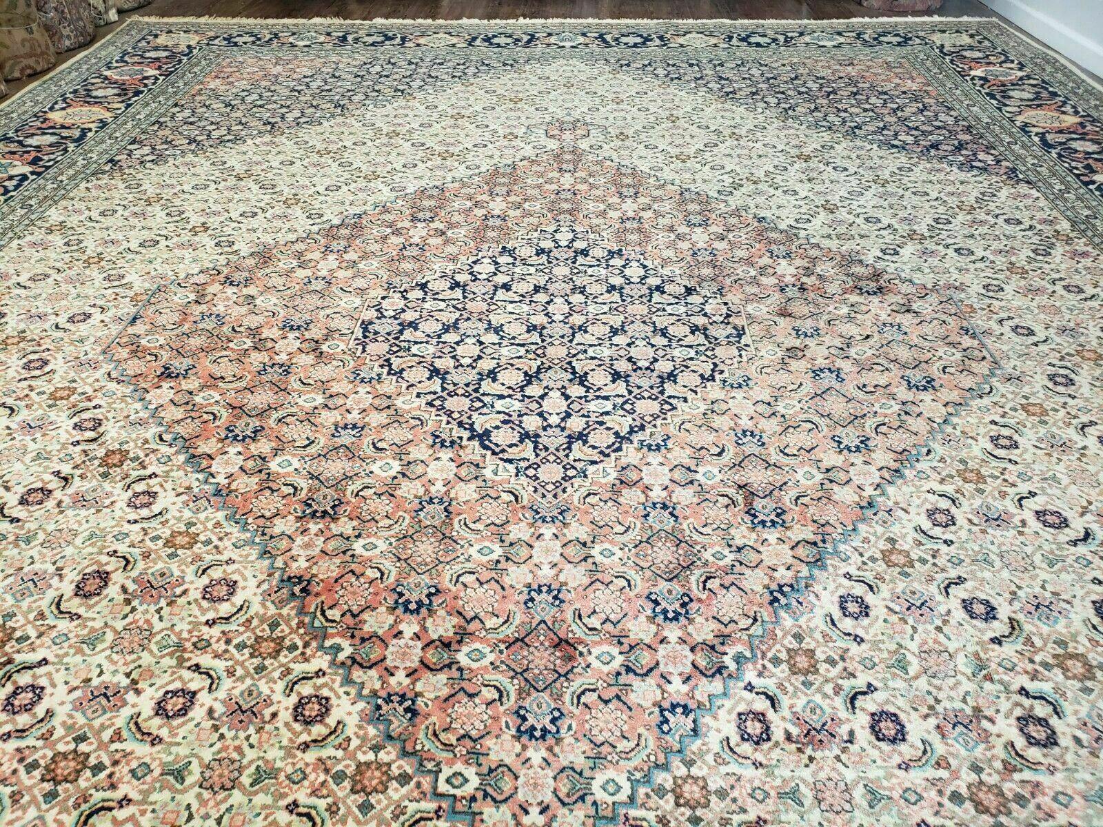 12' X 17' Antique Authentic Finely Woven Handmade Persian Tabriz Wool Rug Beige Blue - Jewel Rugs