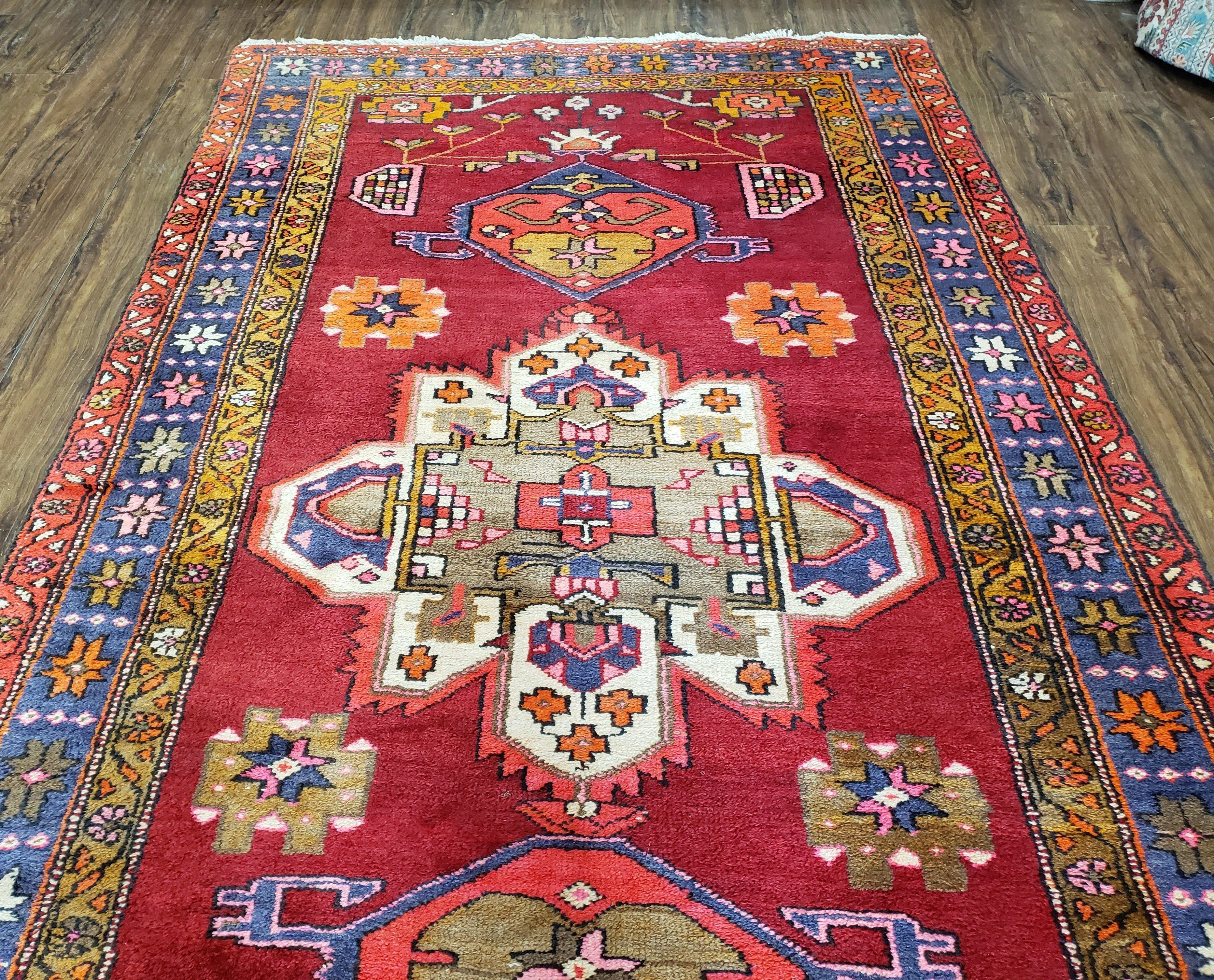 Semi Antique Persian Karajeh Runner Rug, Hand-Knotted, Wool, Medallions, 4'4" x 11' - Jewel Rugs