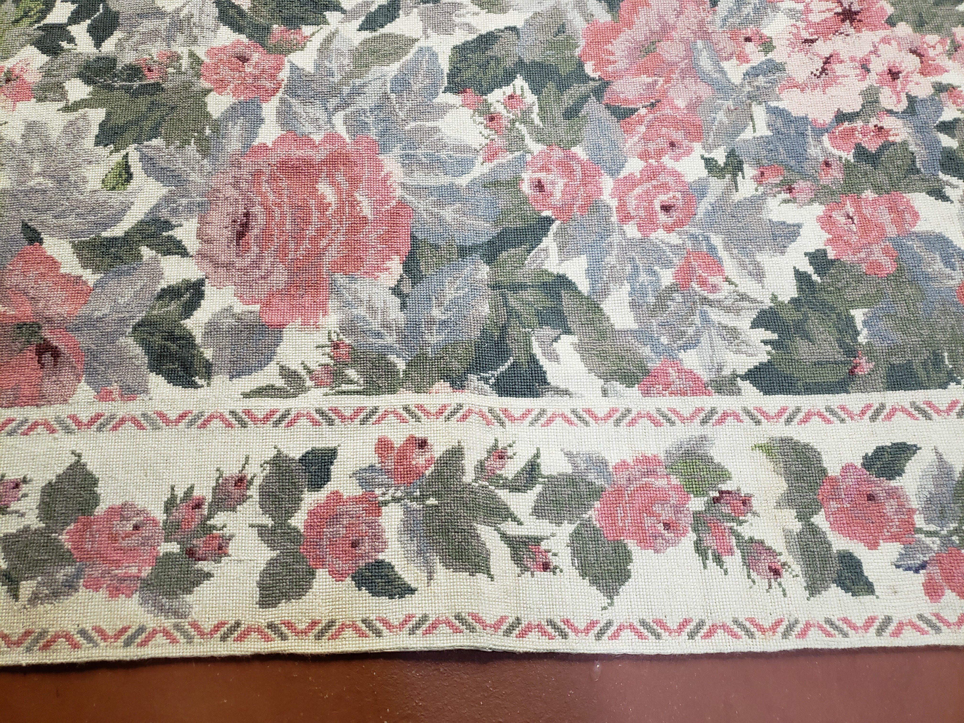 5x8 Needlepoint Rug 5' 4" x 8' 3" Wool Flat Weave Floral New Unused Carpet English Design Ivory Large Pink Flowers Green Leaves Hand-Knotted - Jewel Rugs