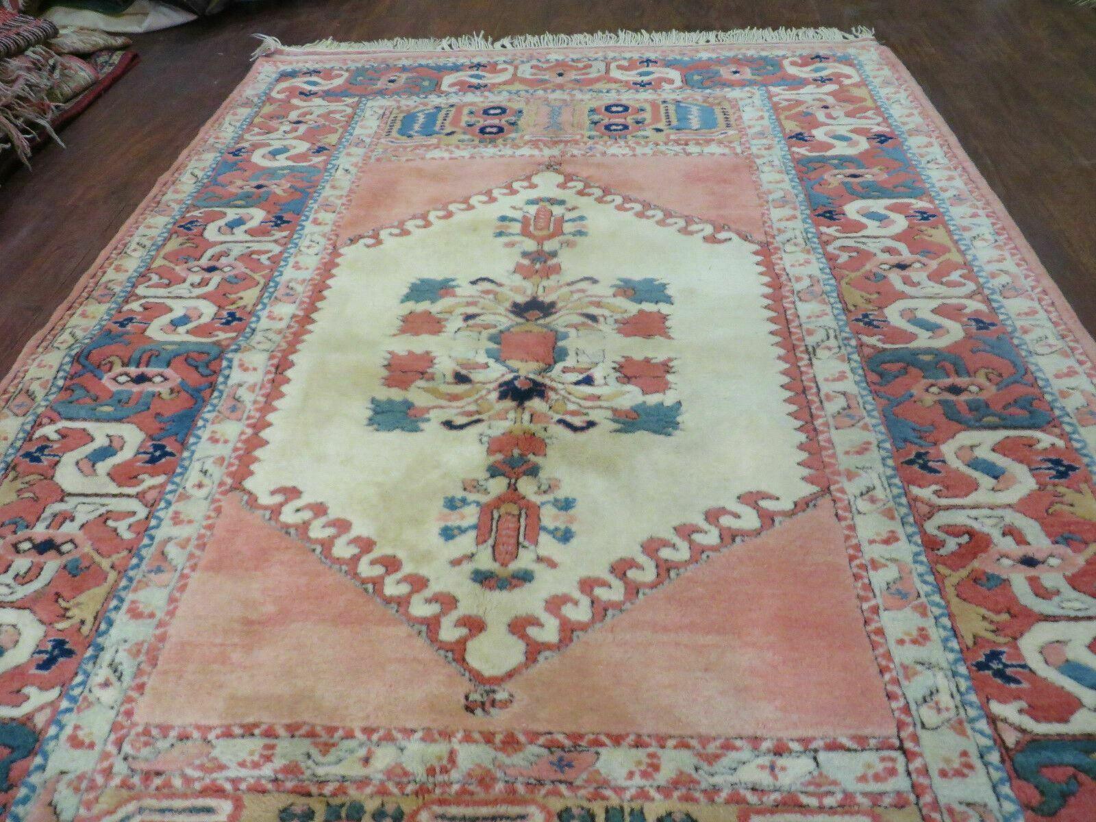 4.5' X 7.5' Vintage Handmade Turkish Wool Rug Heriz Carpet Pink Peach Red Ivory Bohemian Boho Chic Interior Design - Jewel Rugs