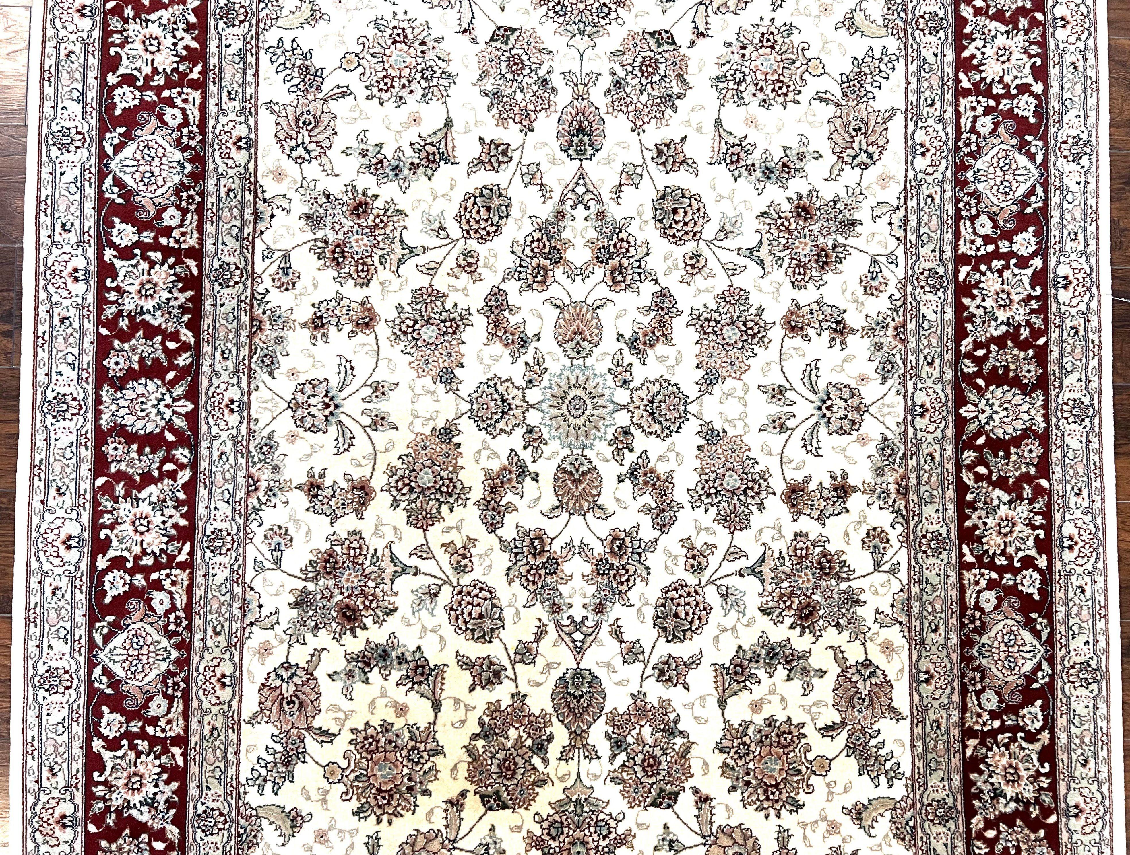 Pak Persian Rug 6x9, Floral Allover Carpet 6 x 9 ft, Cream and Maroon Hand Knotted Wool and Silk Fine Oriental Rug, Traditional Vintage Rug - Jewel Rugs