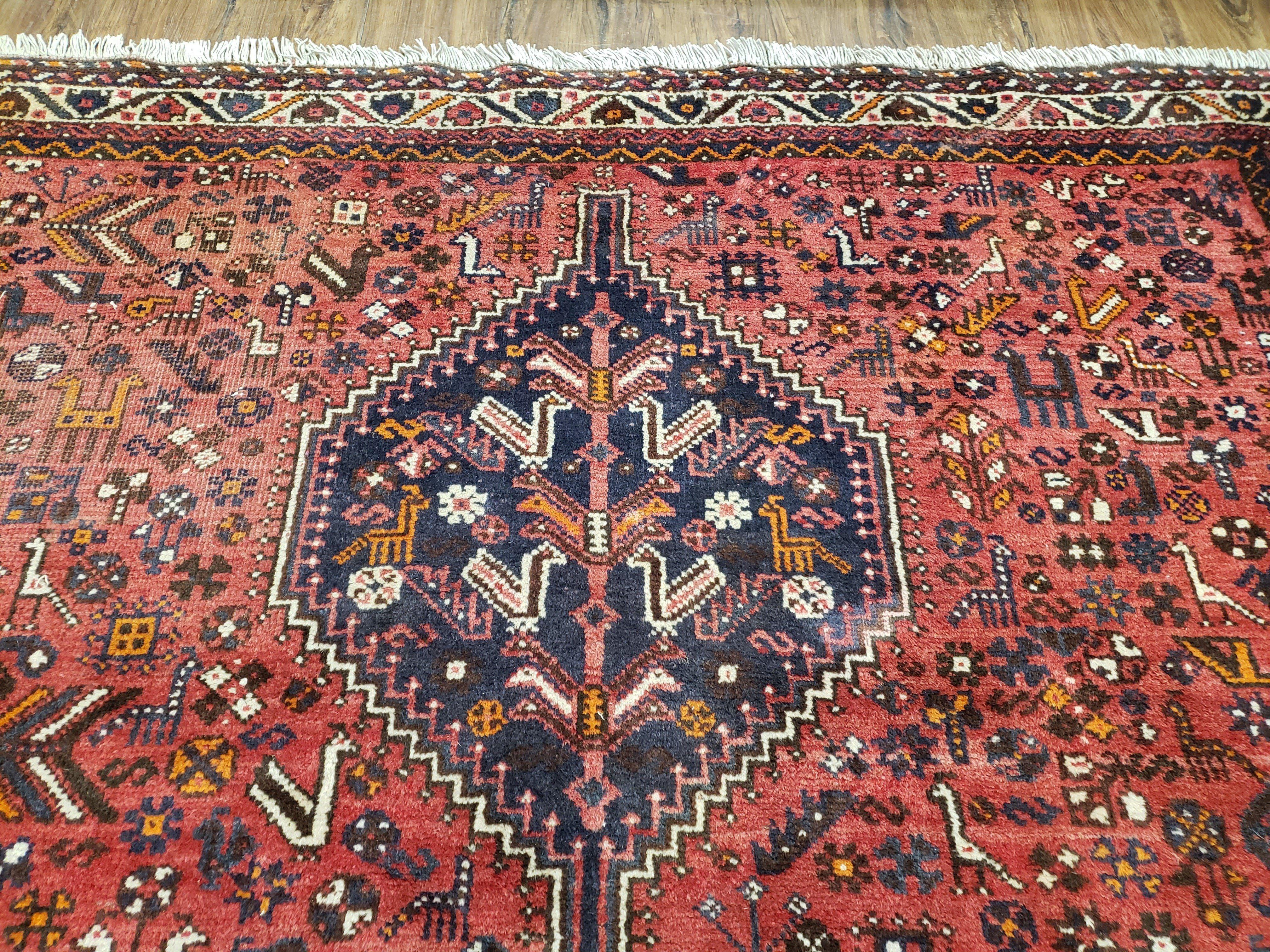 Semi Antique Persian Shiraz Rug, Red and Black, Hand-Knotted, Wool, 6'11" x 9'4" - Jewel Rugs