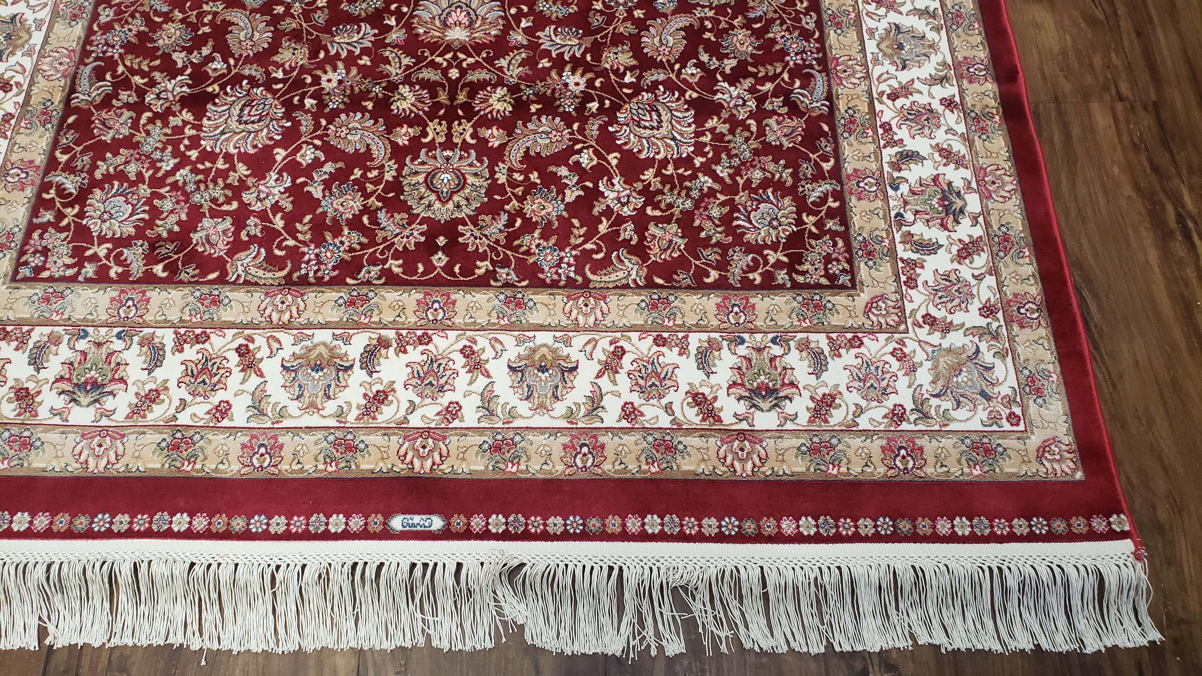 Dark Red Silk Carpet 4 by 6 Oriental Rug, Cream, Allover Pattern, Persian Design, Bamboo Silk, Mint Condition, Super Soft, Fine, Top Quality - Jewel Rugs