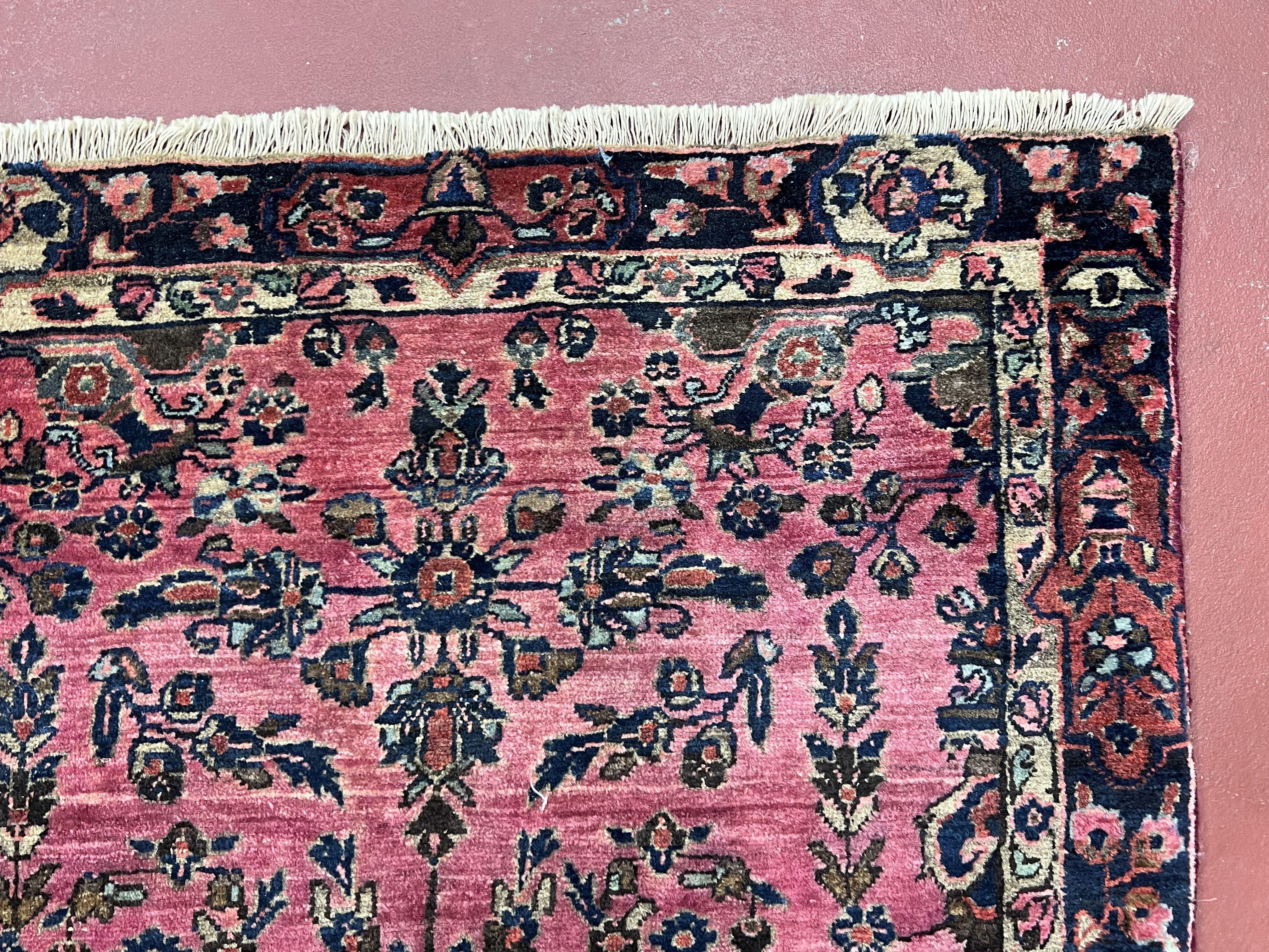 Antique Persian Sarouk Rug 2.4 x 4.9, Red and Dark Blue, Floral, Hand-Knotted, Small Carpet, Traditional, Authentic Oriental Rug 1920s Nice - Jewel Rugs