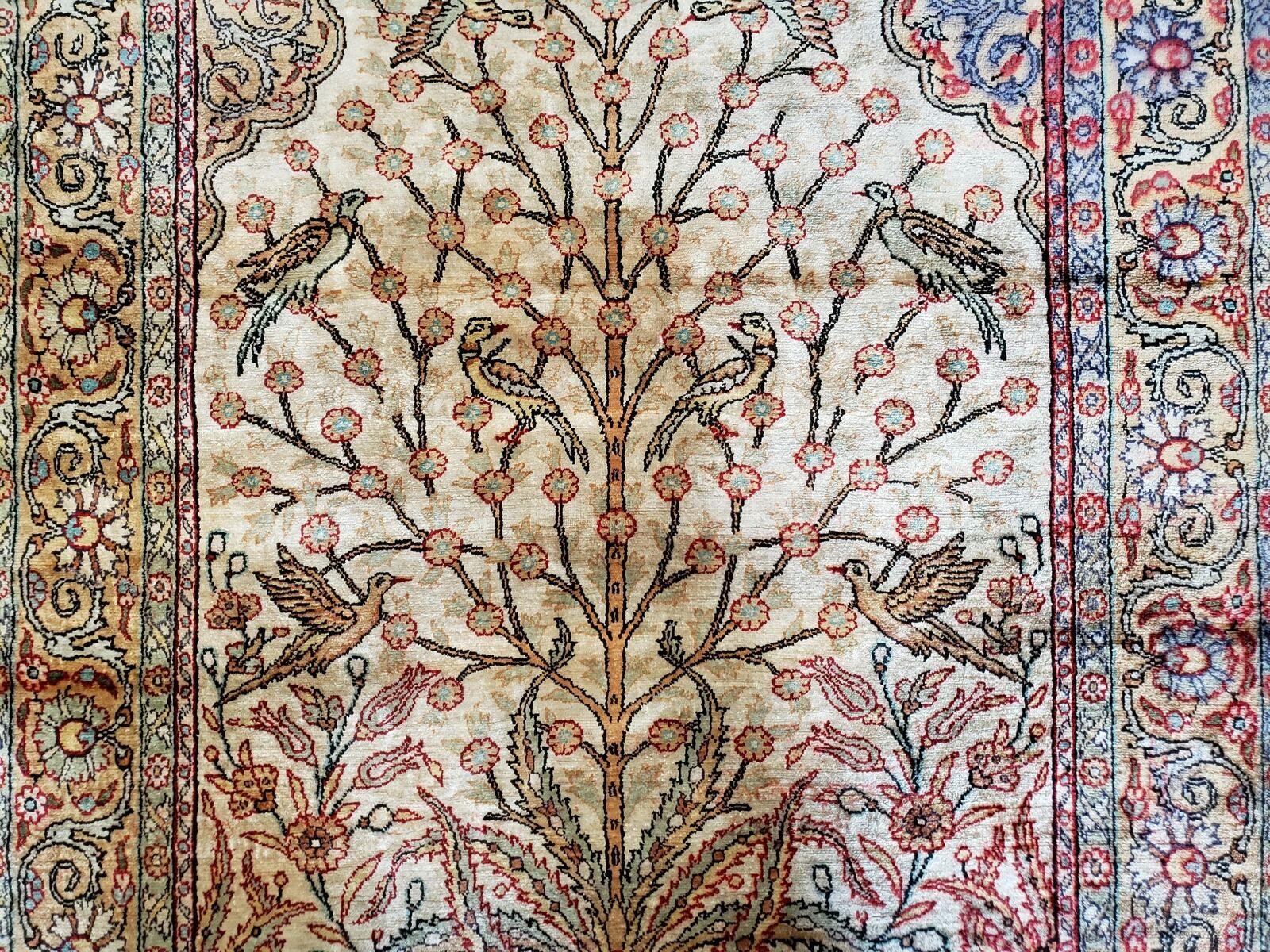 3' X 4'3" Antique Authentic Fine Handmade Turkish Silk Rug Tree Of Life Birds - Jewel Rugs