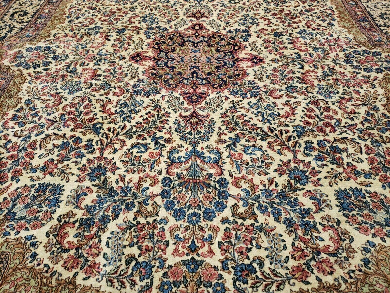 8' X 10' Vintage Persian Allover Floral Design Kirman Area Rug Fine Top Quality Hand-Knotted Wool Beige Sky Blue Veg Dye - Jewel Rugs