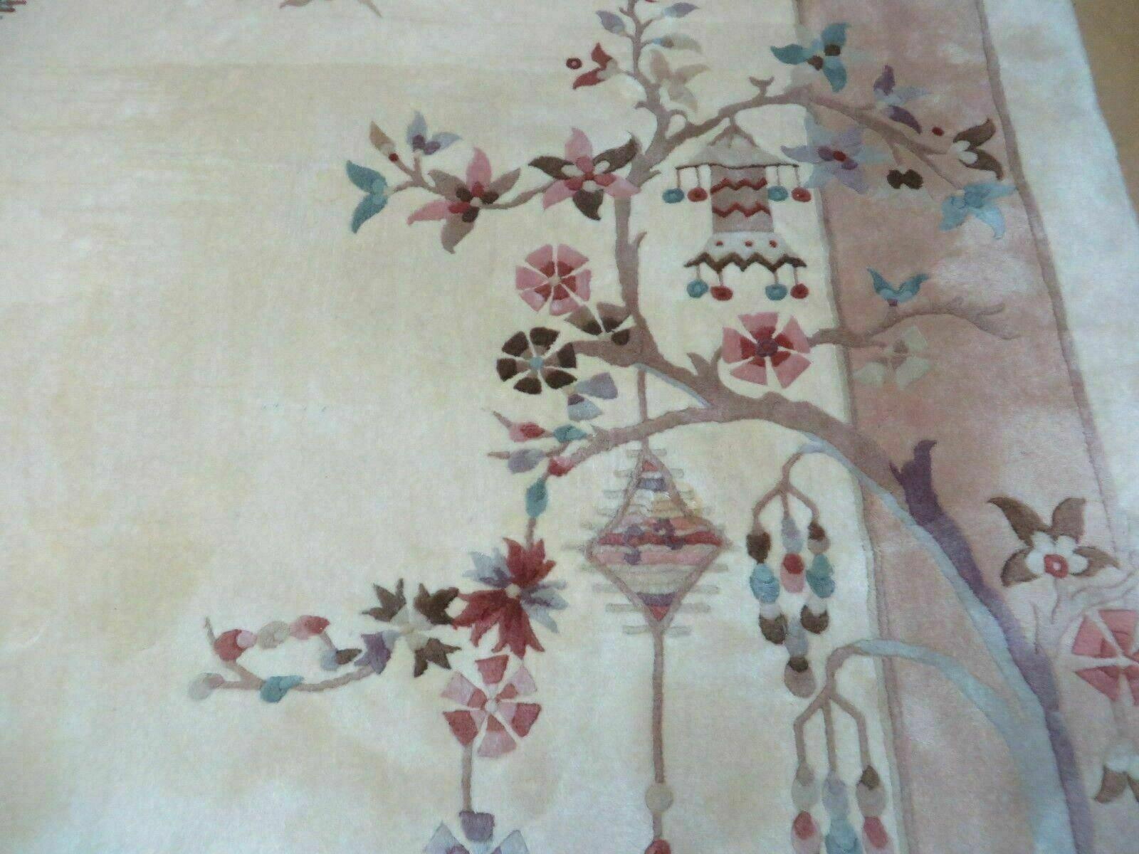 6' X 9' Vintage Hand Made CHINESE Art Deco 90 LINES Wool Rug Flowers Bird Nice - Jewel Rugs