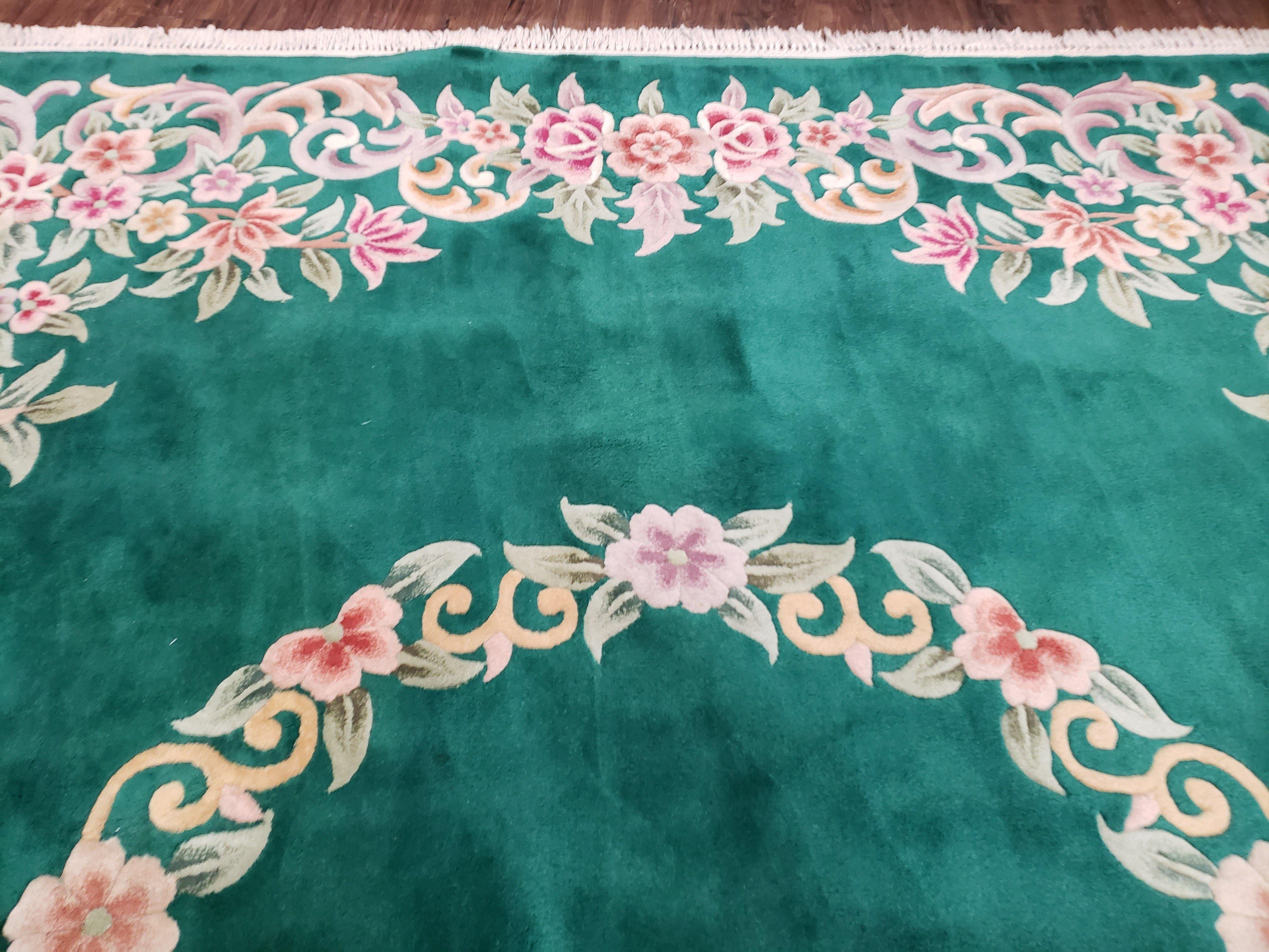 Green Chinese Aubusson Rug, Floral Design, Pile Rug, Room Sized Rug 9x12, Dining Room Living Room Bedroom Rug, European Design, Hand Tufted - Jewel Rugs