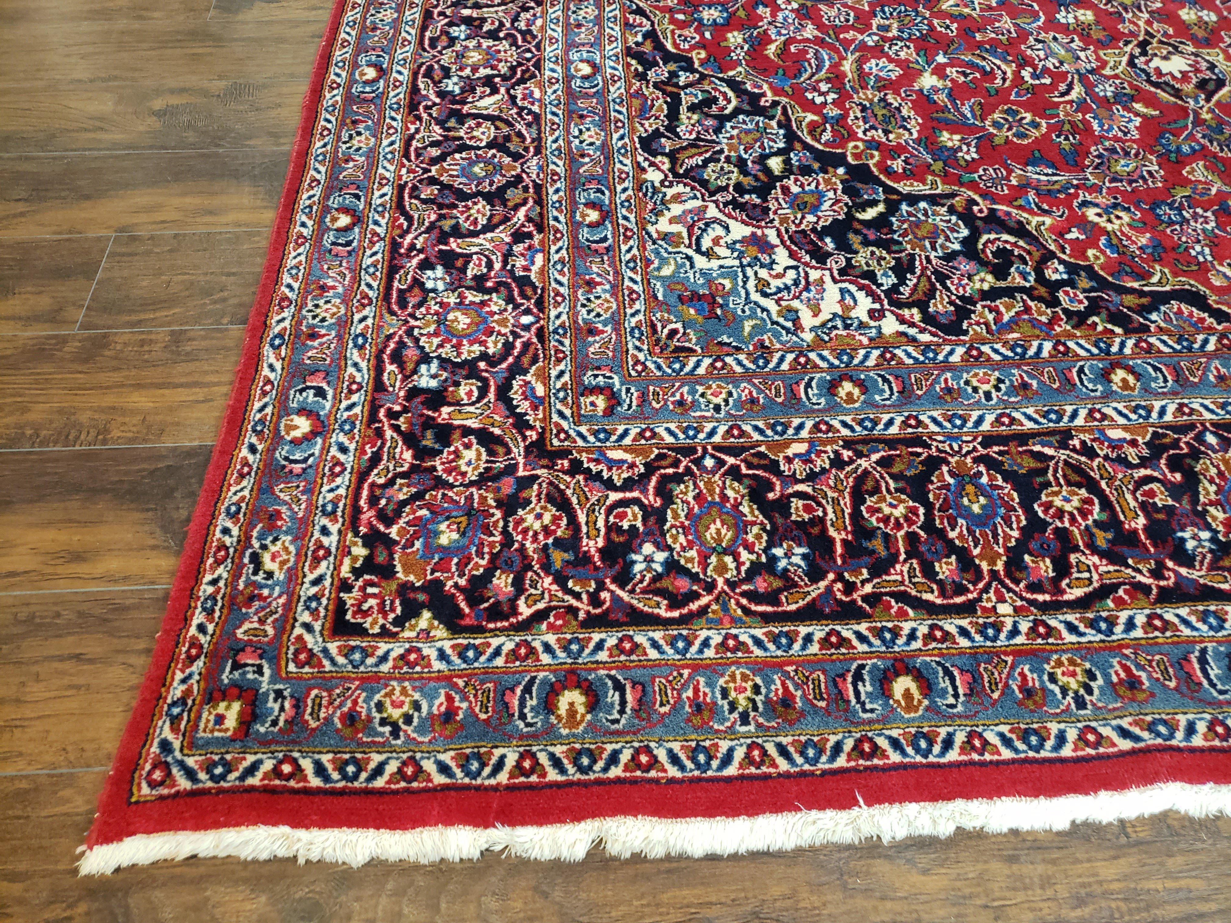 Persian Kashan Rug 9.6 x 13.5, Red and Blue Antique Persian Carpet, Hand Knotted, Medallion Allover Floral, High Quality Large Wool Carpet - Jewel Rugs