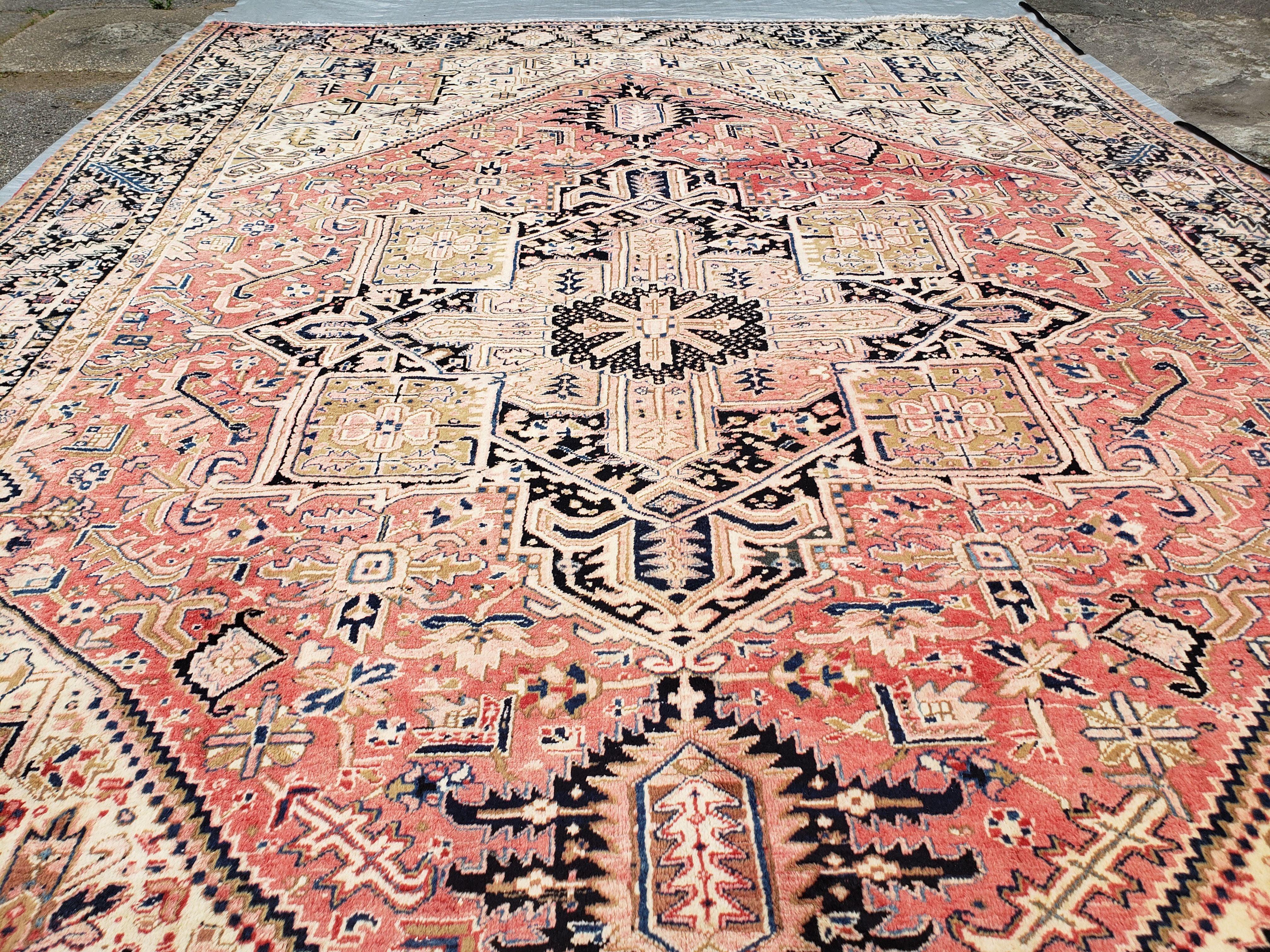 Large Antique Persian Heriz Serapi Rug, Hand-Knotted, Wool, Salmon Red, 9'7" x 13' 3" - Jewel Rugs