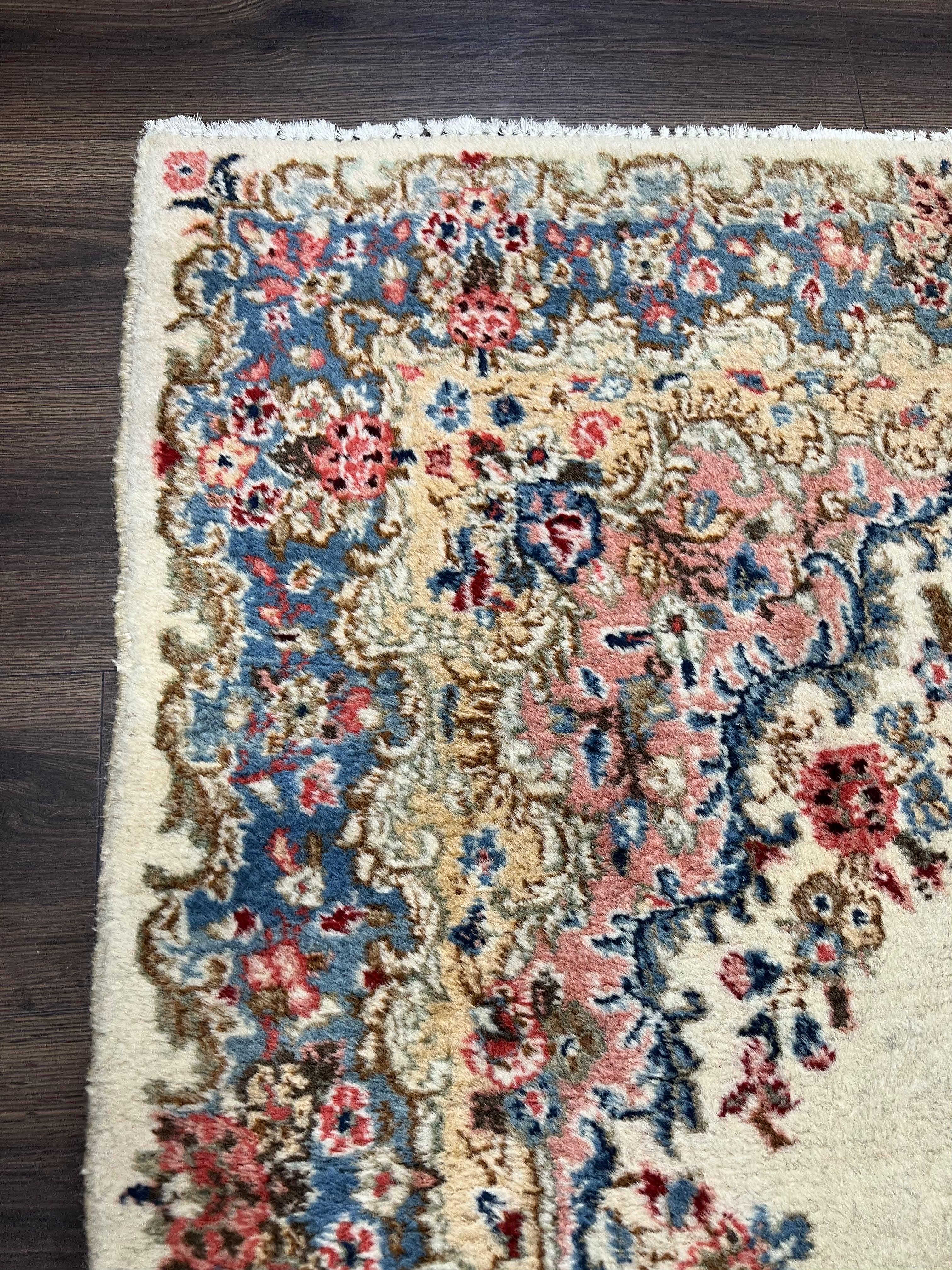 Persian Kirman Rug 4x7, Semi Antique 1950s Wool Oriental Carpet, Cream Light Blue Salmon Pink, Floral Medallion Semi Open Field Hand Knotted - Jewel Rugs