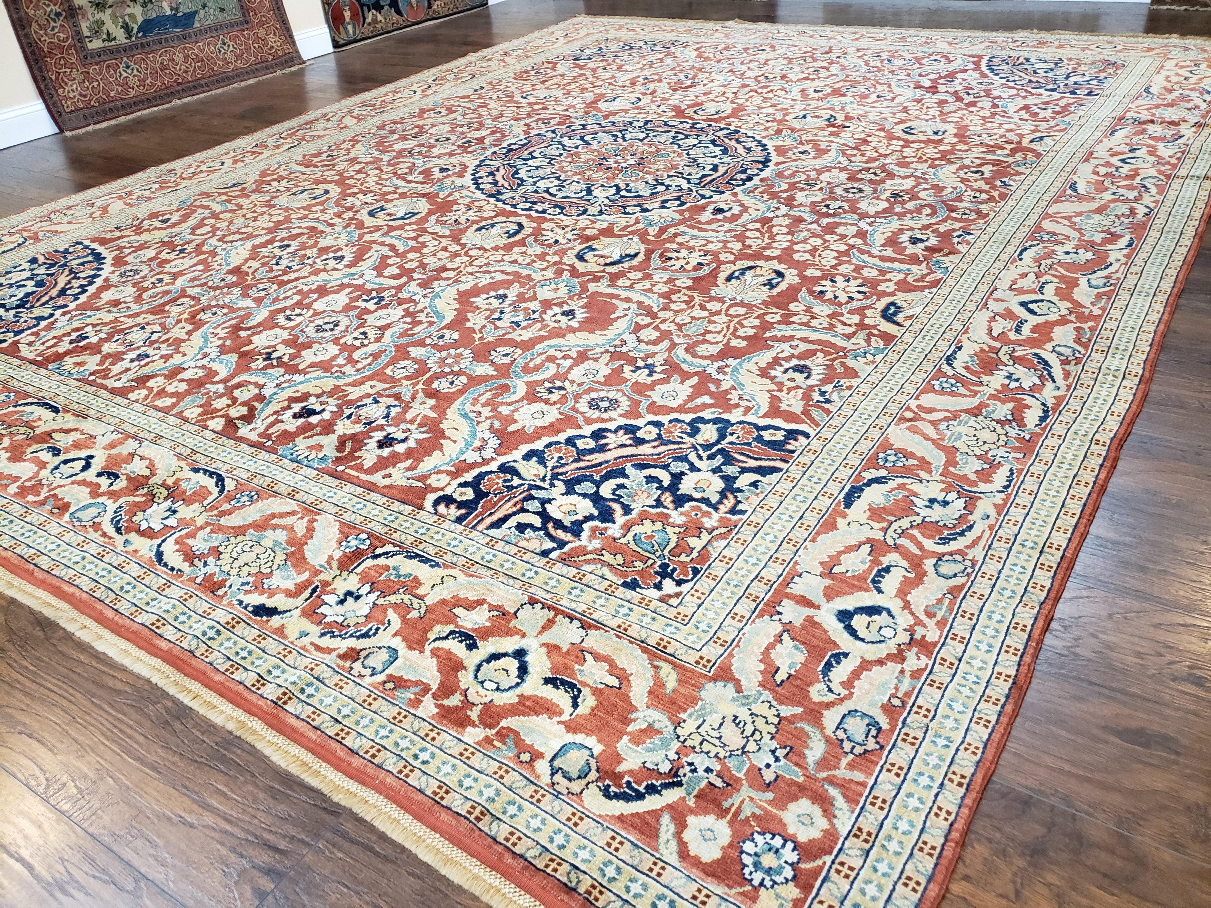 Antique Turkish Rug 10x14 - 11x14, Mahal Large Room Sized Area Rug Wool Hand-Knotted Red Blue Ivory Persian Carpet Oversized Living Room Rug - Jewel Rugs