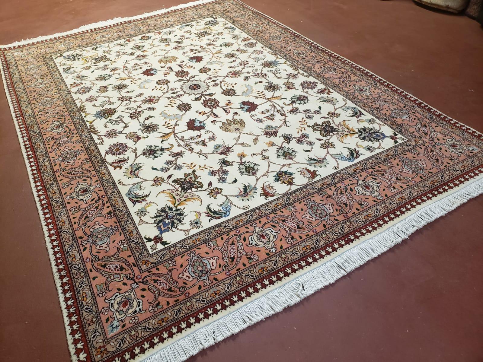 Semi Antique Persian Tabriz Rug, Beige and Salmon Red, Floral Pattern, Hand Knotted, Wool, 5x7 ft - Jewel Rugs