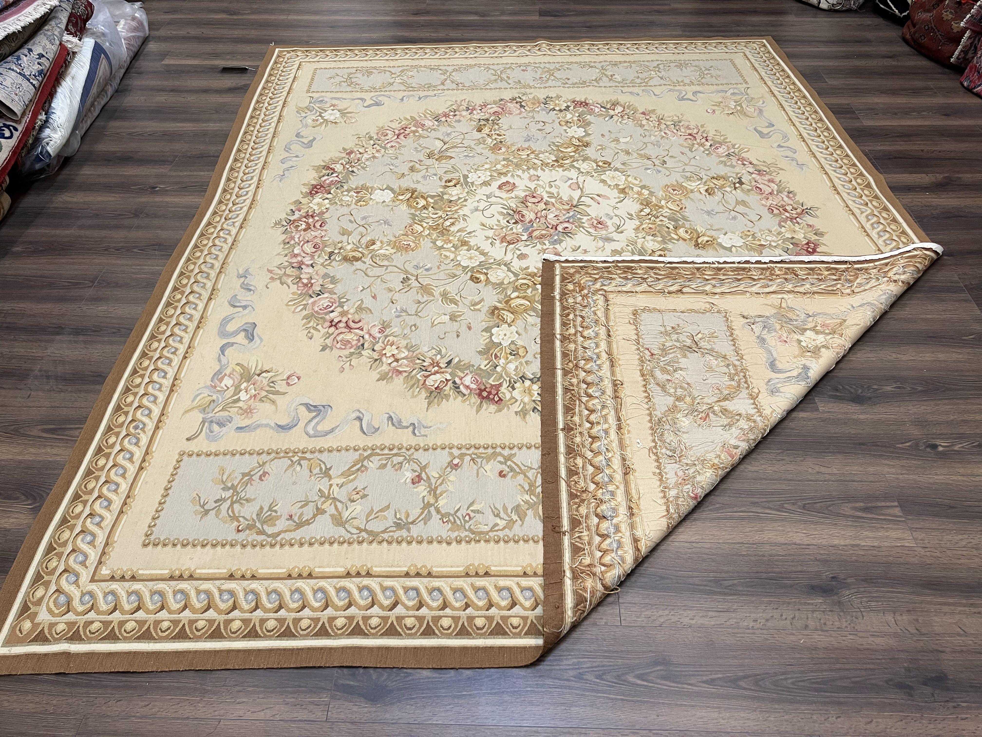 Aubusson Savonnerie Rug 8x10, Vintage French Aubusson Wool Carpet 8 x 10, Hand Woven, Cream and Light Blue, Flatweave, Elegant Floral Rug - Jewel Rugs