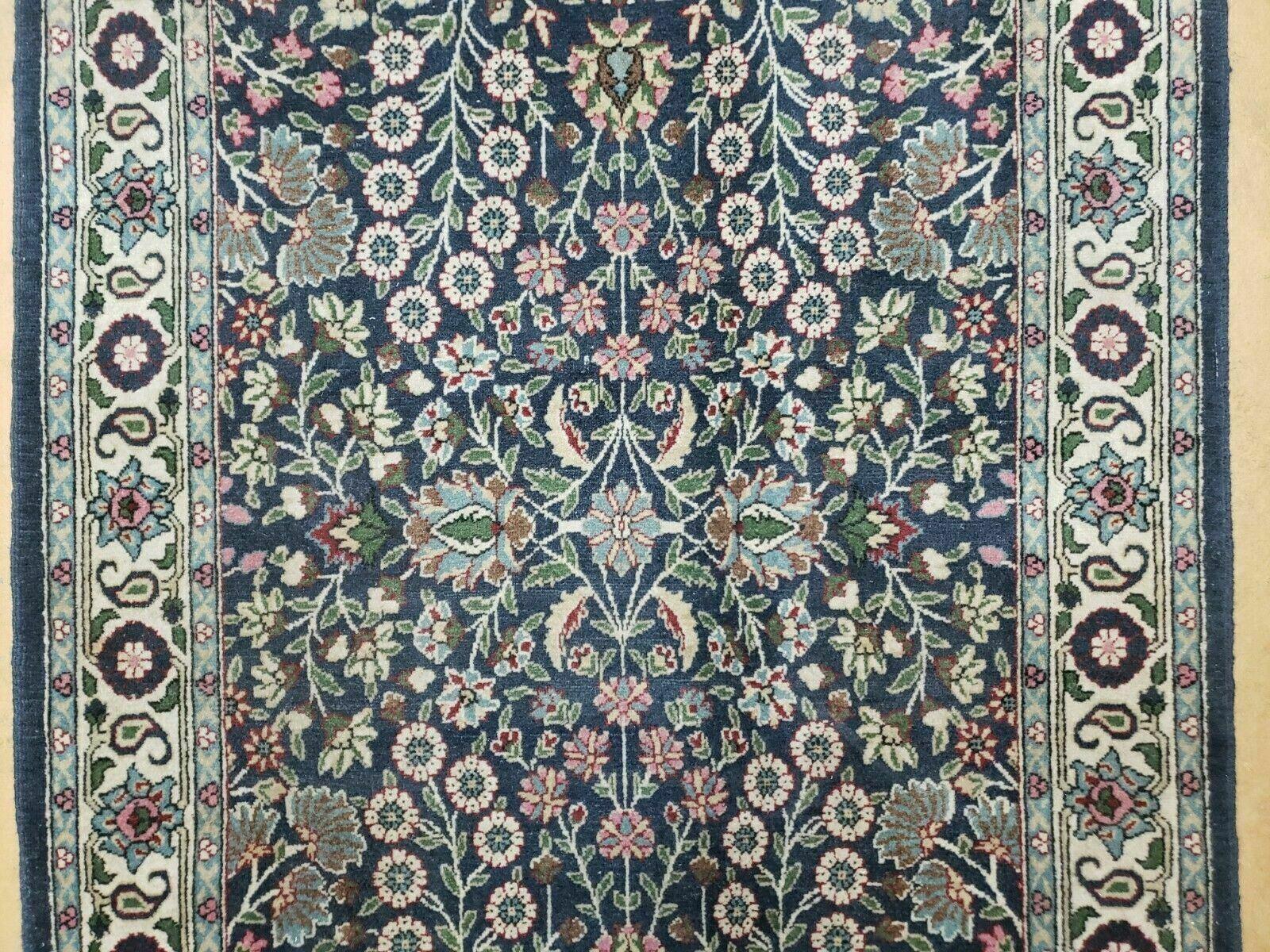 3' X 4' Vintage Handmade India Jaipur Floral Wool Rug Carpet Nice Dark Blue - Jewel Rugs