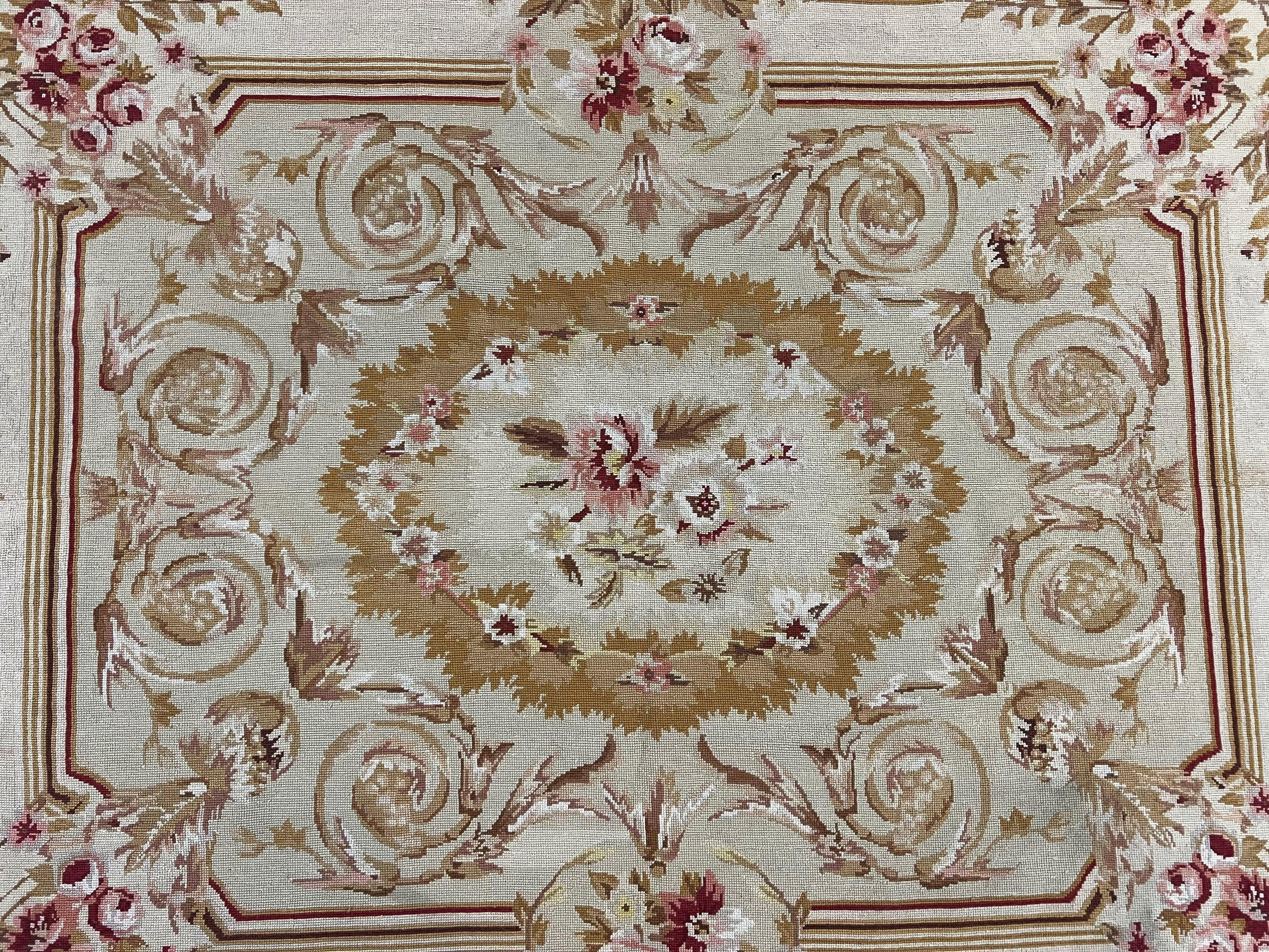 Aubusson Needlepoint Rug 4x5 ft, Beige and Tan, Aubusson Savonnerie Vintage Carpet, Handwoven Handmade Wool Rug, European Design Floral Rose - Jewel Rugs