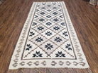 Semi Antique South American Blanket 4x8, Wool Hand-Woven Flatweave Kilim Rug, Handmade Antique Vintage Runner, Ivory & Blue, Diamond Panel - Jewel Rugs