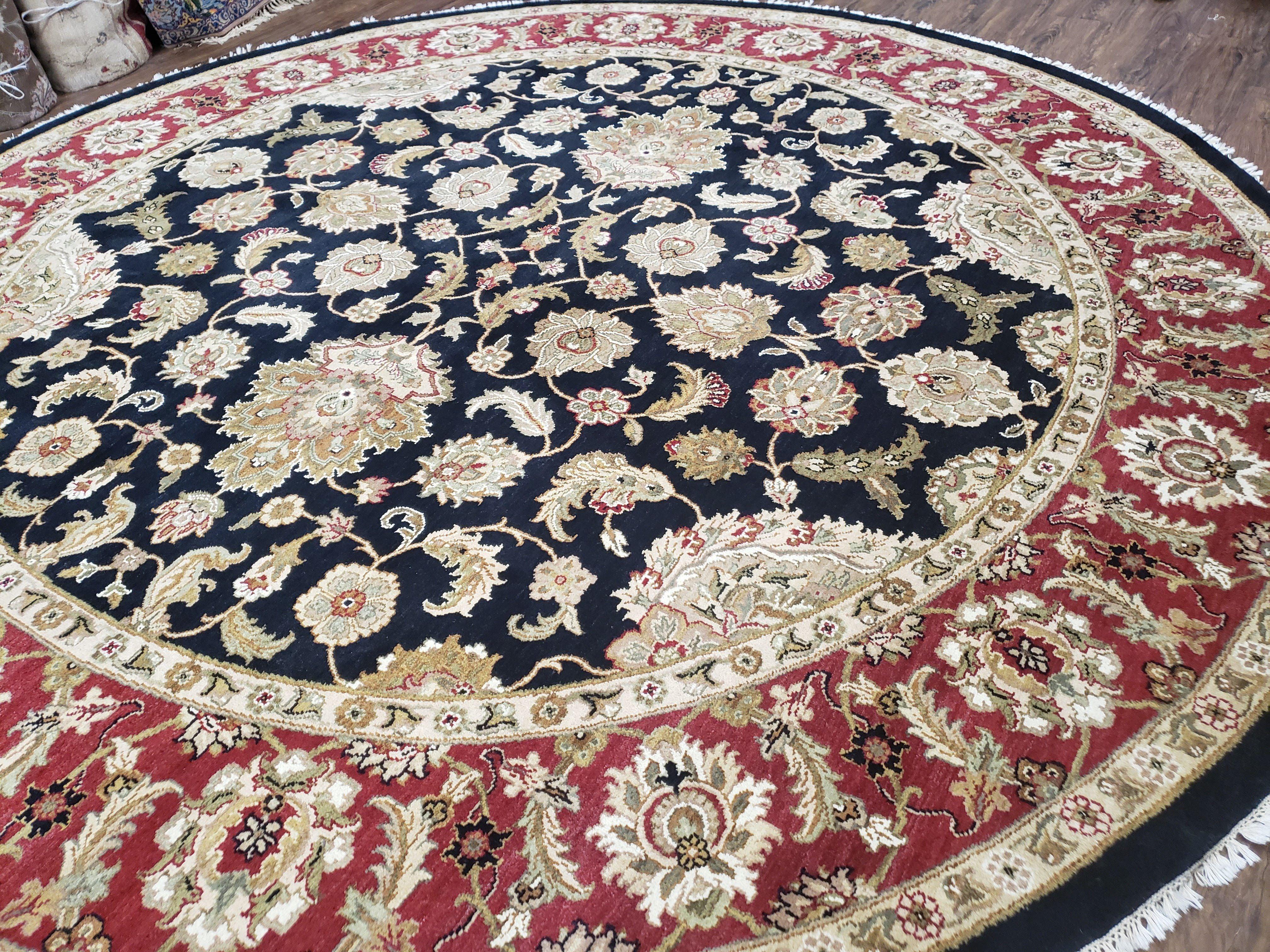 10ft Round Indian Mahal Rug, 10x10 Hand-Knotted Oriental Rug, Large Circular Handmade Rug, Midnight Blue Red and Beige, Allover Floral, Nice - Jewel Rugs