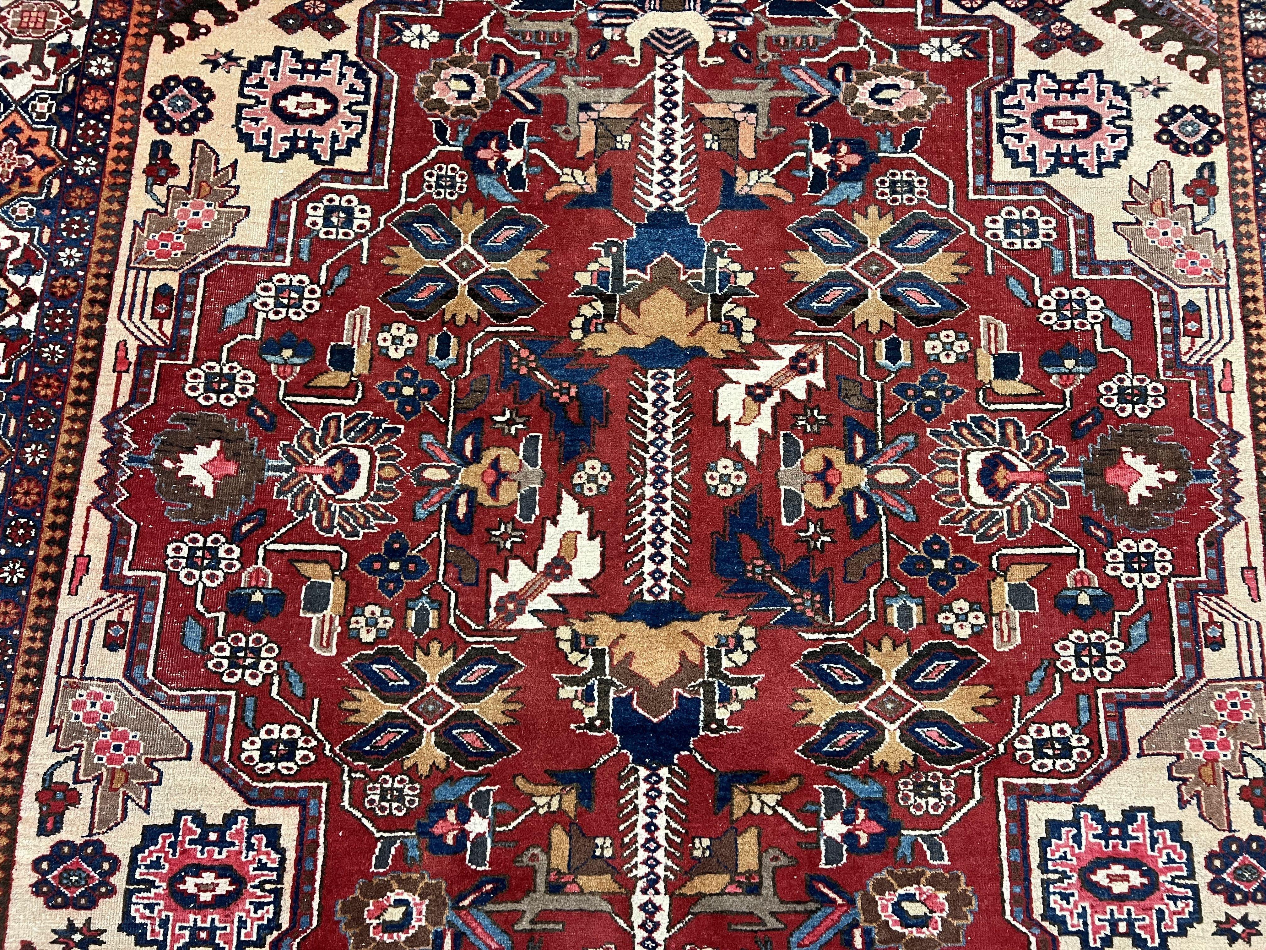 Antique Persian Heriz Rug 8x12 ft, Geometric Tribal Room Sized Carpet, Camel Hair Red Navy Blue, Wool Hand Knotted Medallion Oriental Carpet - Jewel Rugs