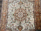 Stunning Persian Rug 5x7, Very Fine Authentic Persian Tabriz Carpet, 1960s Vintage Floral Medallion, Hand Knotted Wool Rug, Cream Salmon Gold - Jewel Rugs