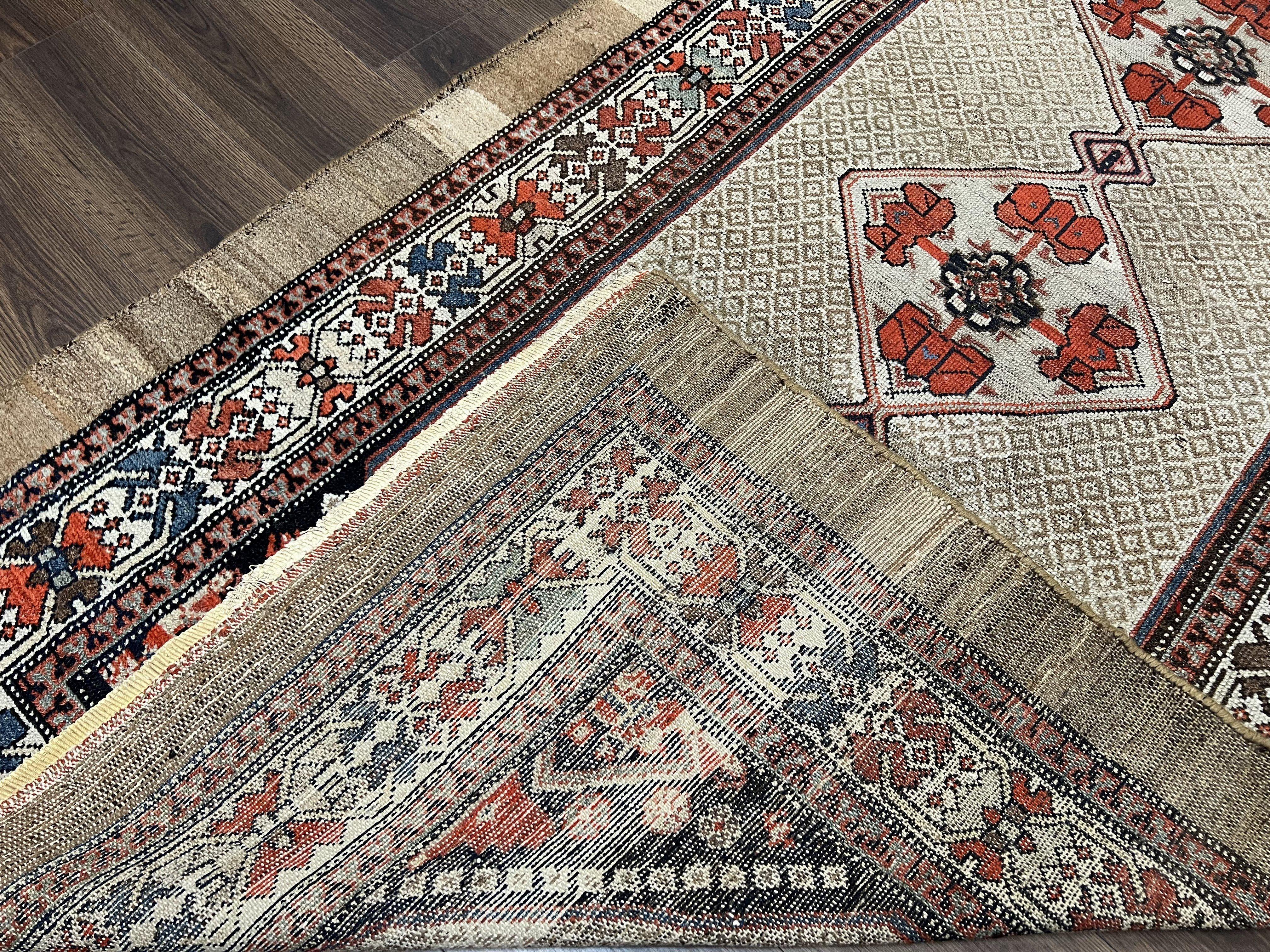 Rare Persian Tribal Runner Rug 4.5 x 10, Sarab Serab Kalegy Carpet, Antique 1920s Collectible Geometric Medallions Oriental Wool Runner, Hand Knotted, Camel Hair Color - Jewel Rugs