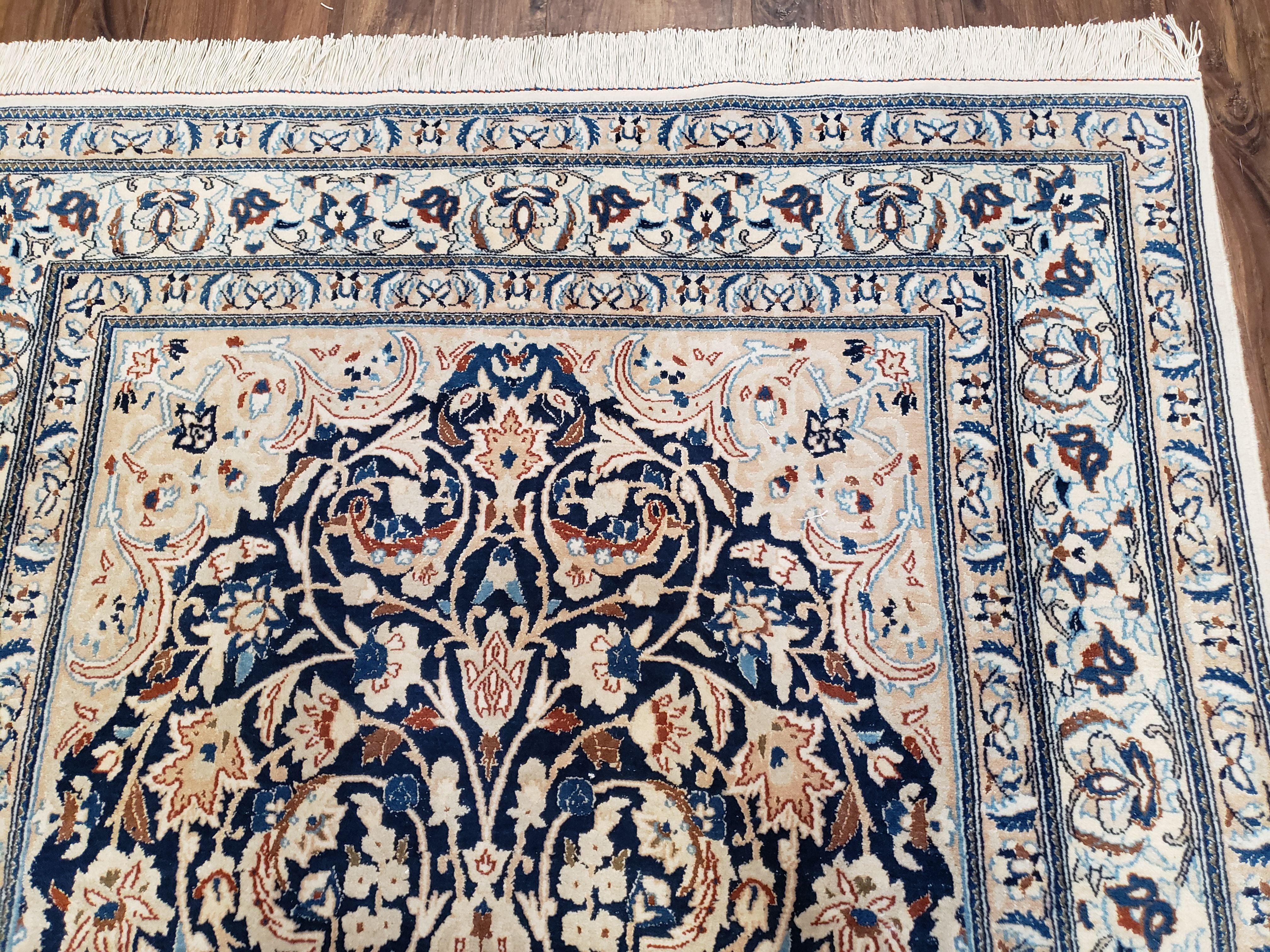 Semi Antique Fine Persian Nain Rug, Ivory & Blue, Wool with Silk Accents, 3'9" x 6'2" - Jewel Rugs