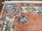 Vintage Chinese Aubusson Area Rug, Light Salmon Beige & Blue, Flowers, Plush Pile, Hand-Knotted, Chinese Art Deco Carpet, 8'3" x 11' 4" - Jewel Rugs