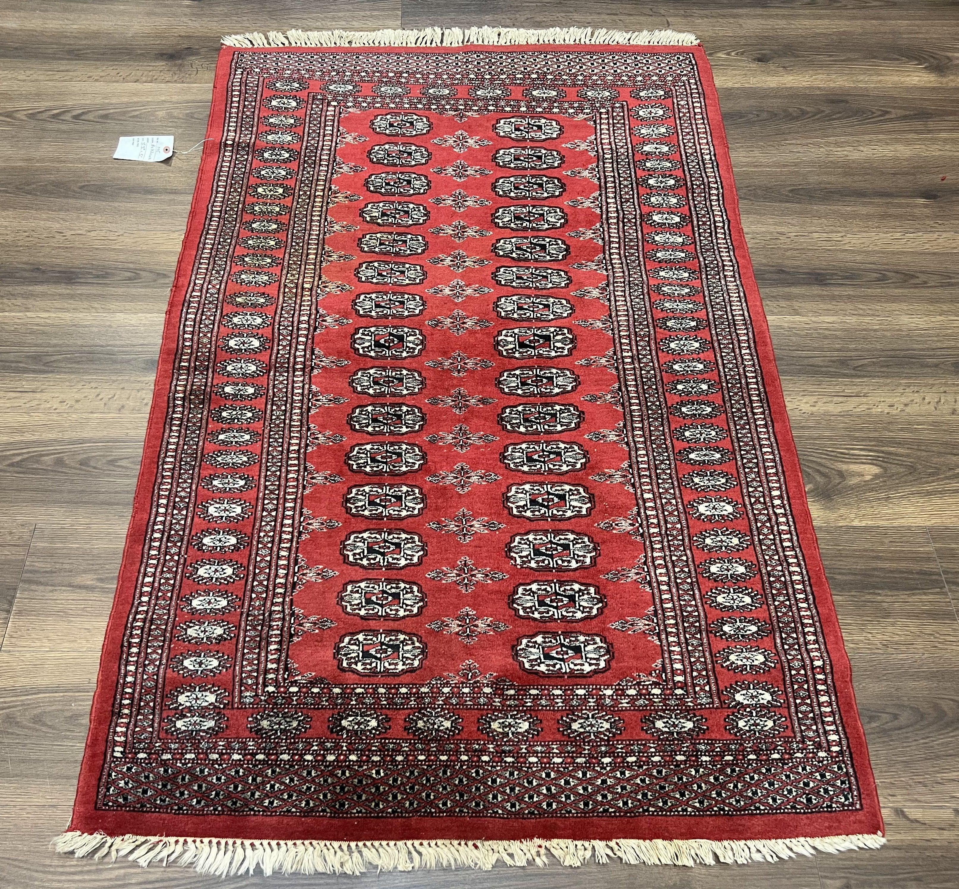 Pakistani Bokhara Rug 3x5, Red Turkoman Carpet 3 x 5 ft, Hand Knotted Wool Vintage Tribal Bohemian Rug, Elephant Foot Motif, Handmade Nice - Jewel Rugs