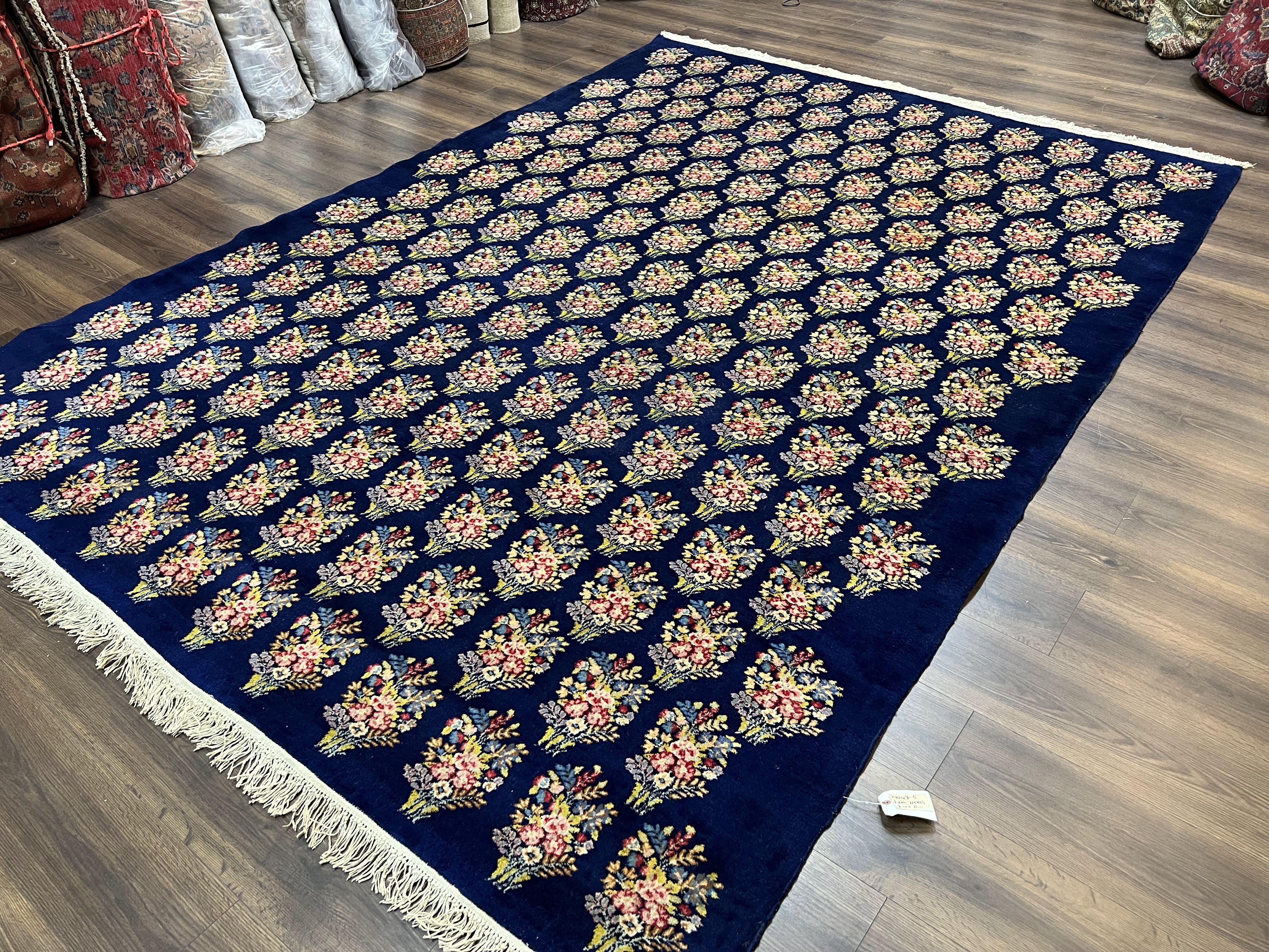 Persian Rug 9x12, Authentic Hand Knotted Carpet, Repeated Floral Motif Garden of Eden, Navy Blue Wool Rug 9 x 12, Semi Antique Kirman Rug - Jewel Rugs