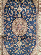 Small Silk Turkish Kayseri Rug 2'4" x 4', Fine Oriental Carpet, Vintage Traditional Floral Medallion Silk Rug, Hand-Knotted Navy Blue Beige - Jewel Rugs