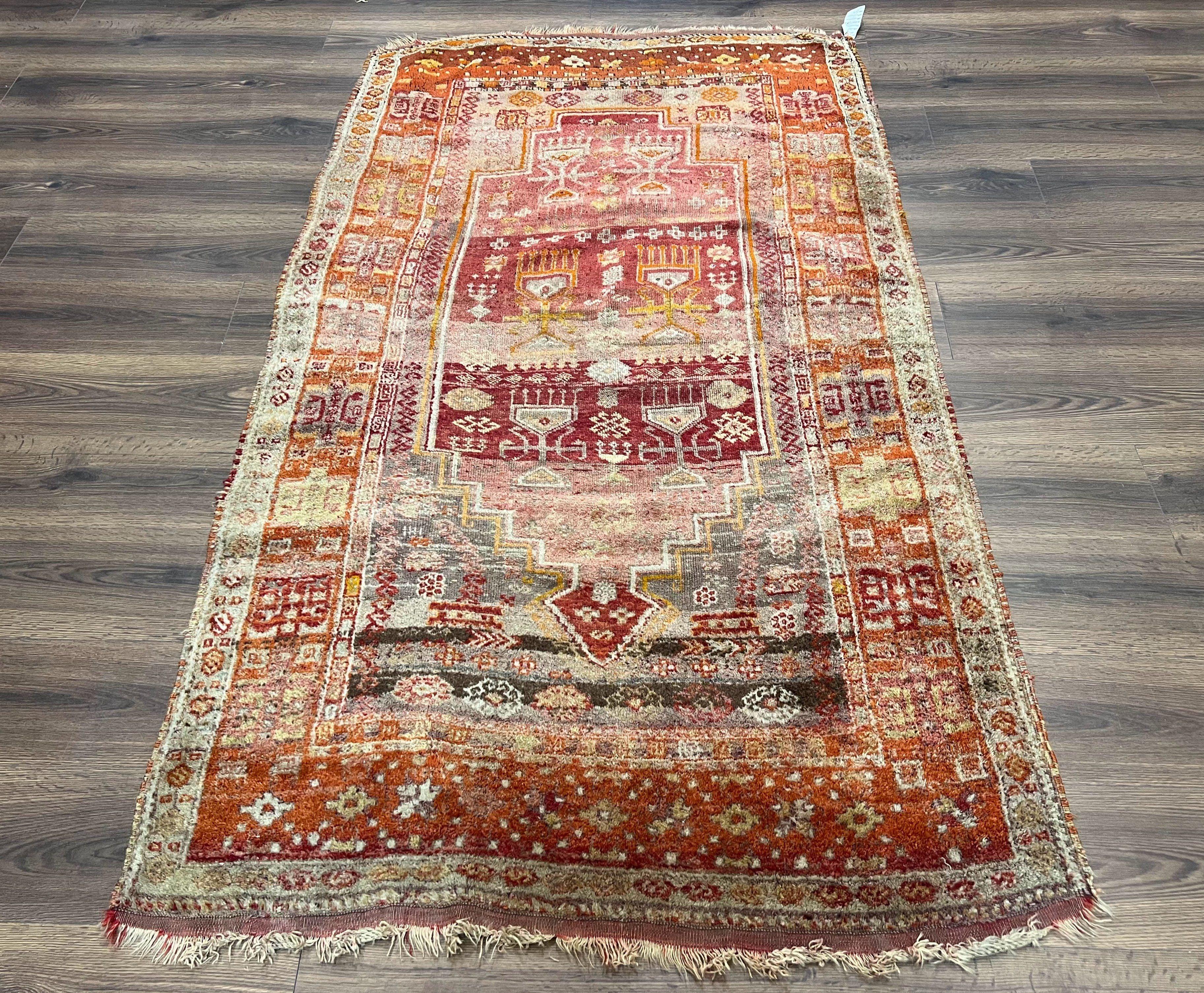 Antique Turkish Melas Rug 4x7, Tribal Geometric Unique Collectible Hand Knotted Wool Oriental Carpet, Rare 1920s Rug, Burnt Orange Red - Jewel Rugs