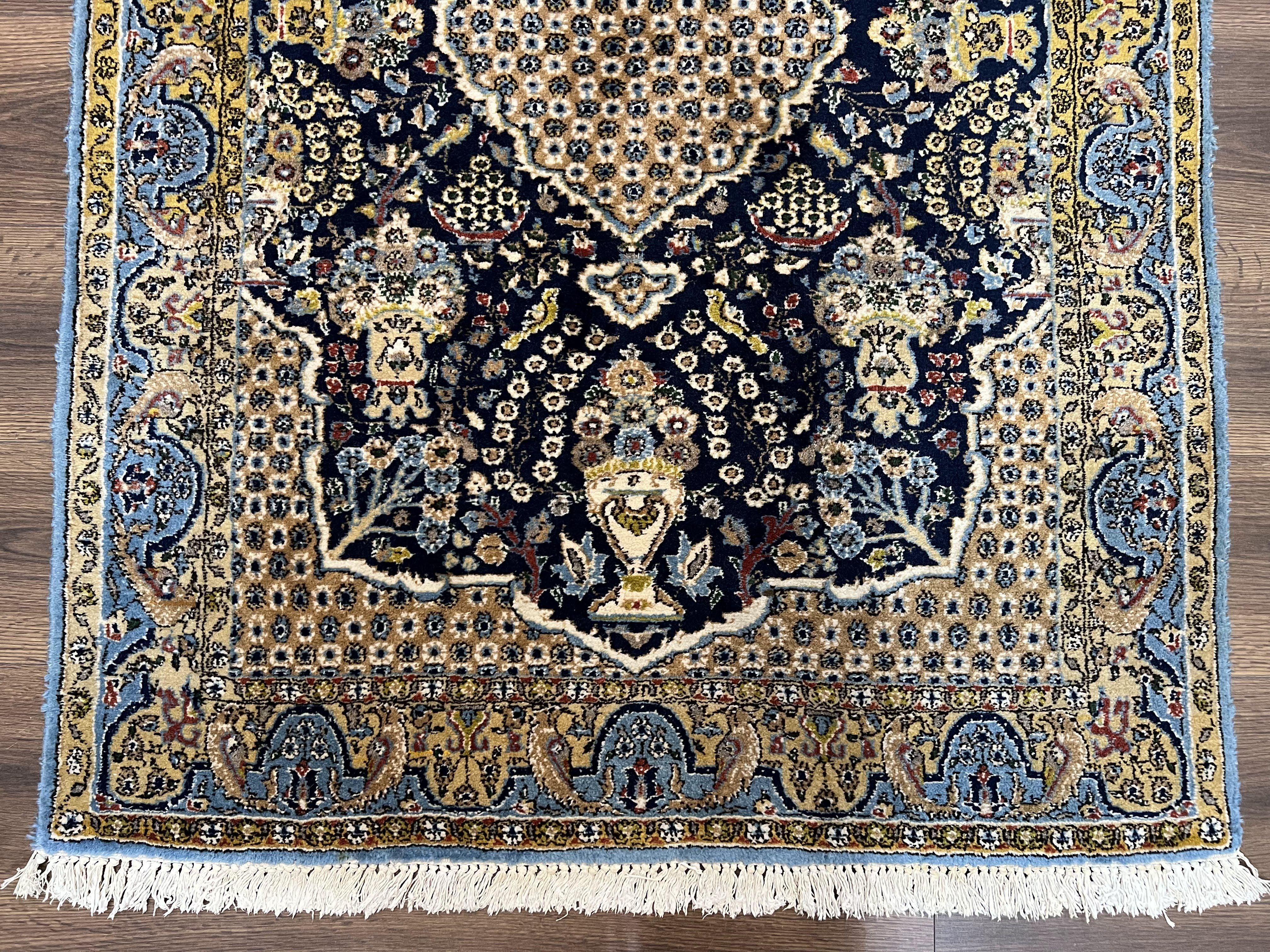 Fine Persian Qum Rug 3x5, Semi Antique Vintage Oriental Ghom Carpet, Floral Medallion, Highly Detailed, Hand Knotted, Navy Blue, Wool Area Rug, Birds - Jewel Rugs