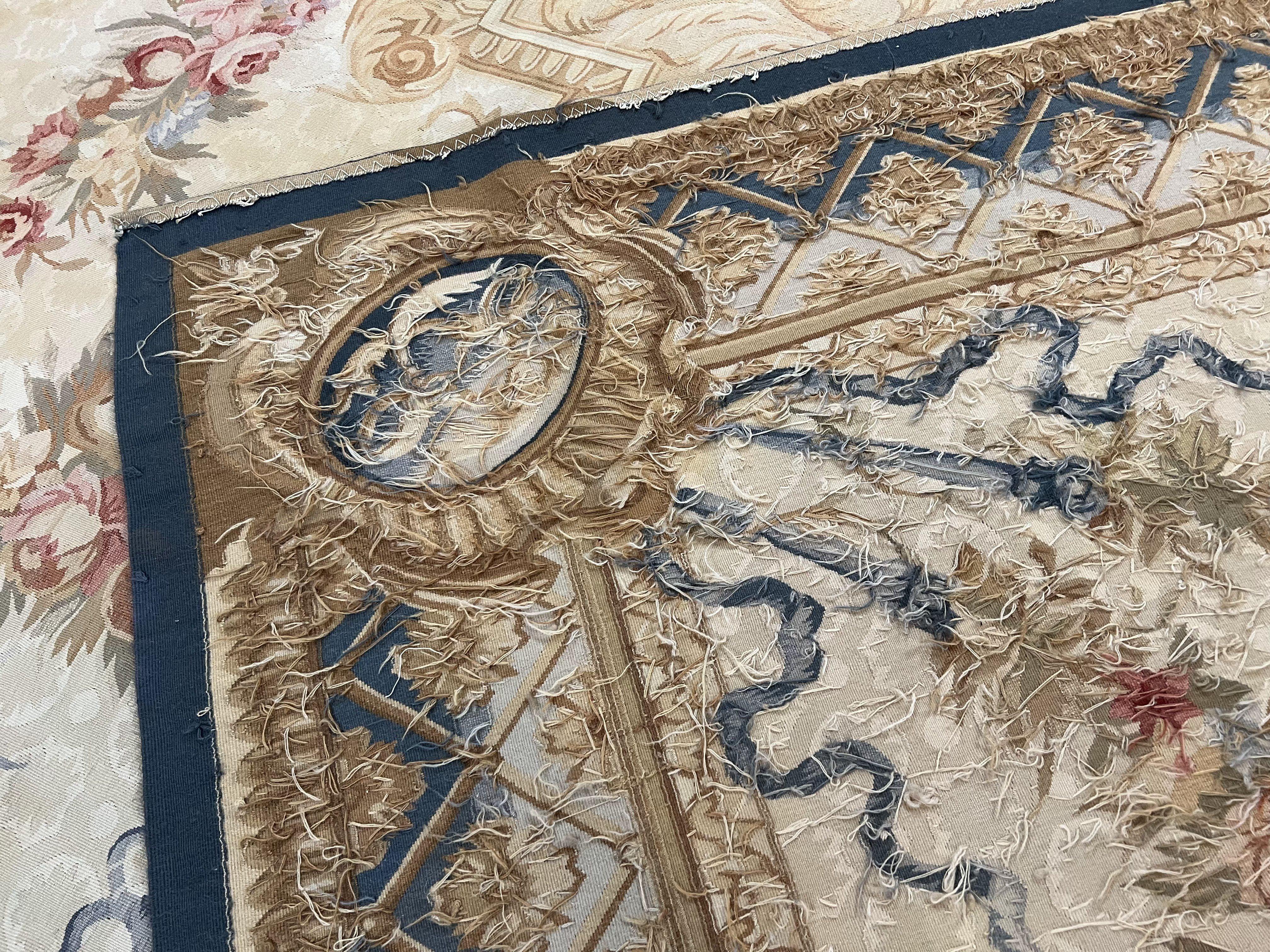 Chinese Aubusson Rug 10x14, Elegant Flatweave Rug, Hand Woven Aubusson Savonnerie Carpet, Vintage Aubusson Rug, Beige and Blue Wool Aubusson - Jewel Rugs