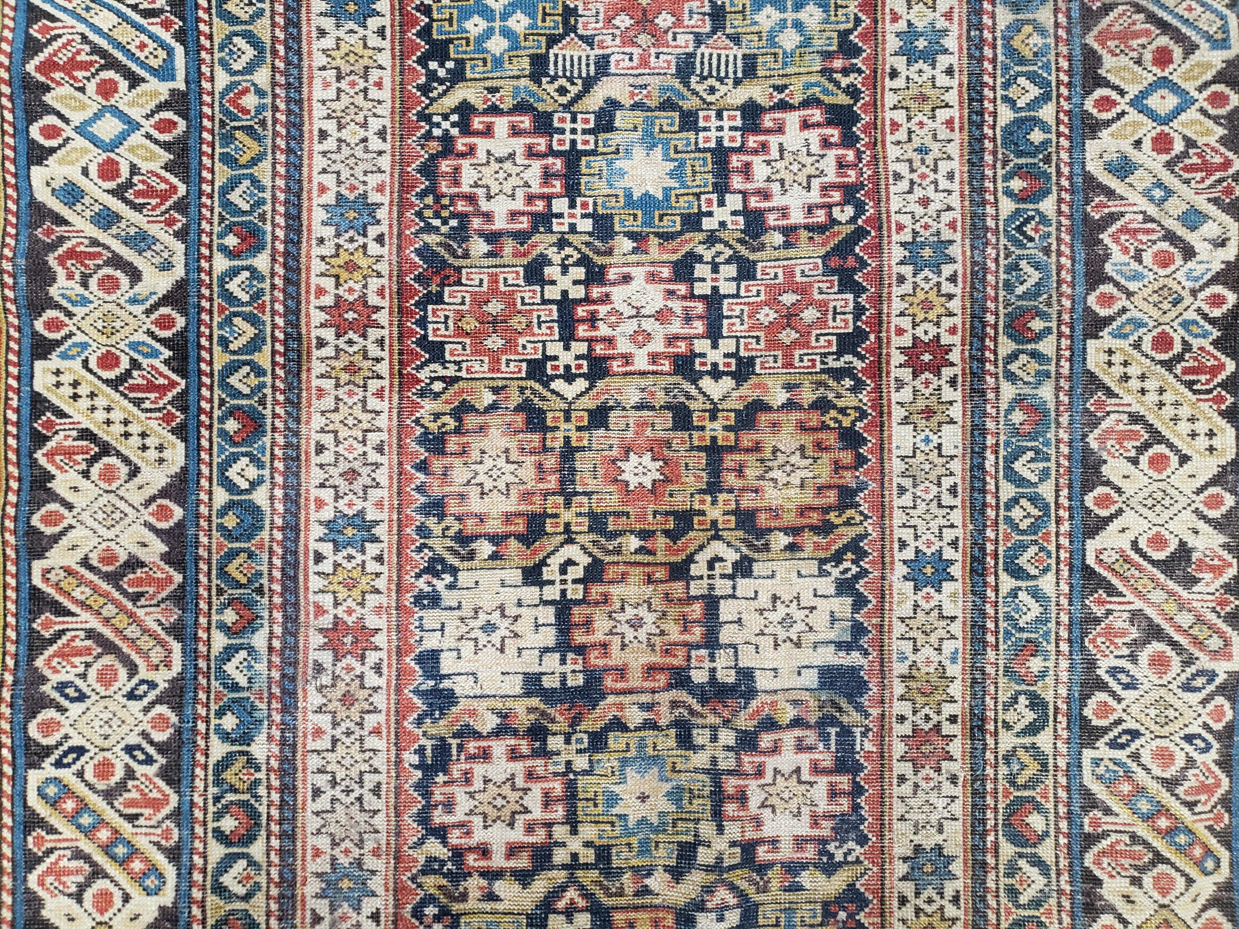 Caucasian Rug 3'9" x 5'7", Antique 1920s Collectible Caucasian Chi Chi Carpet, Hand Knotted, Colorful, Dark Blue Cream Red, Wool, Small Rug - Jewel Rugs