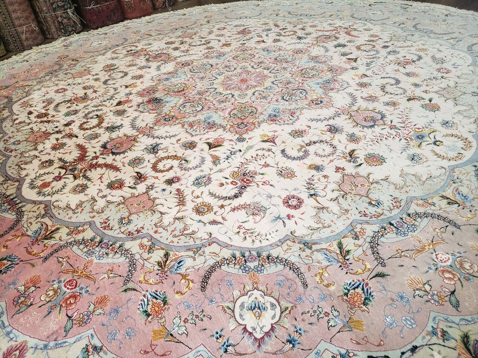 13' X 13'6" Authentic Fine Handmade Persian Tabriz Wool & Silk Rug Signed Oval Round Ivory Pink Wow - Jewel Rugs