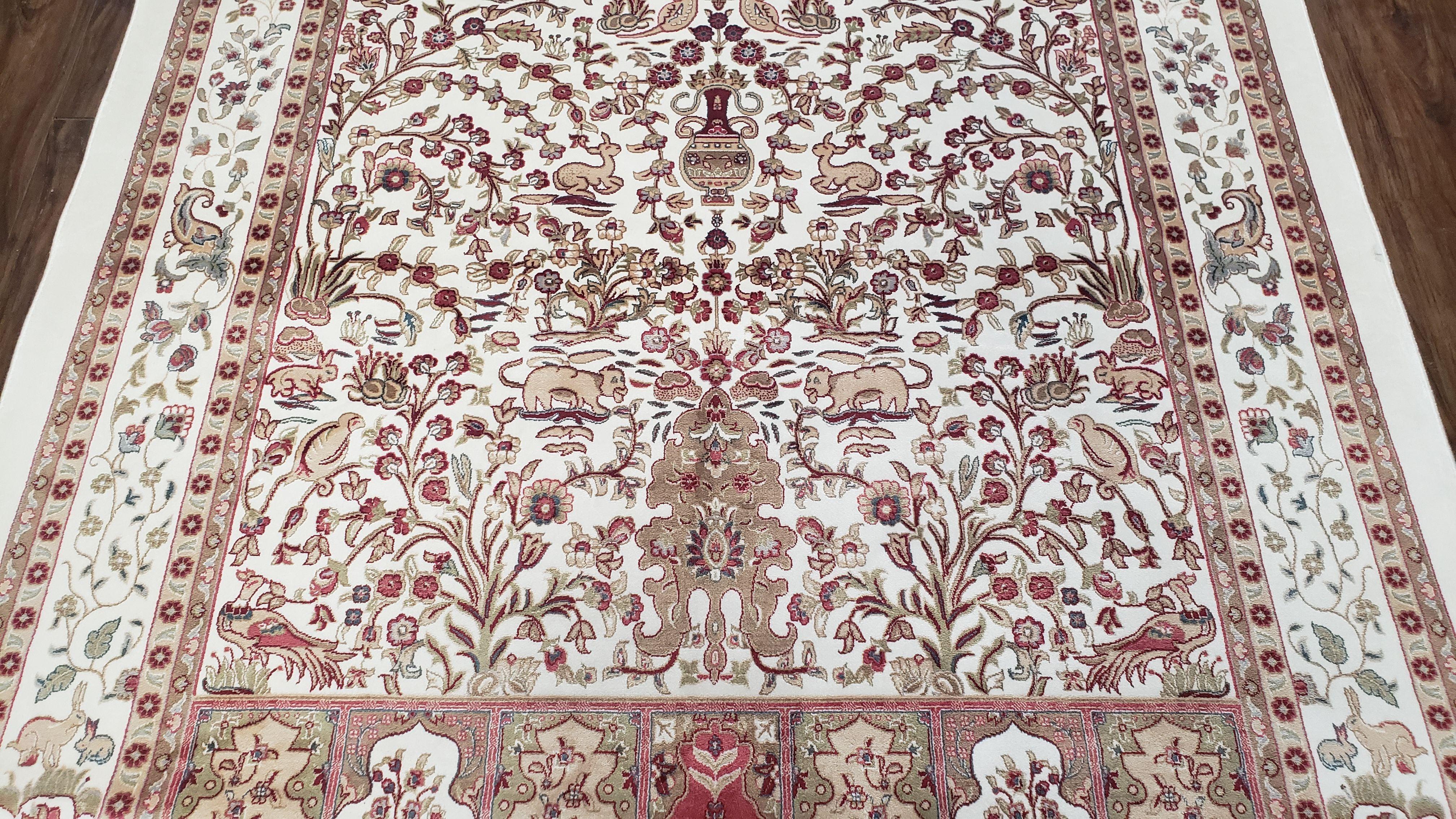 New Turkish Silk Rug 4x6, Tree of Life Carpet, Silk Prayer Rug 4 x 6 ft, Animals Birds Deer, Detailed & Super Soft, Bamboo Silk, Ivory Beige - Jewel Rugs