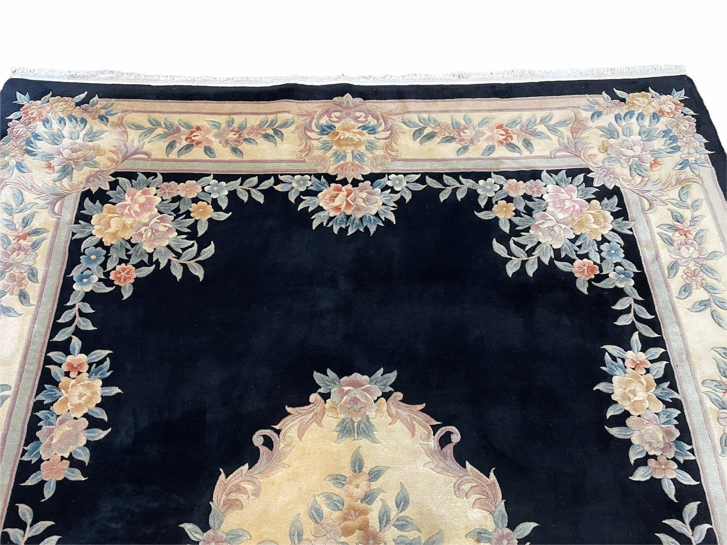 9x12 Chinese Aubusson Rug, 9 x 12 Plush Chinese Rug, 12x9 Floral Chinese Rug, 90 Line Carpet, Art Deco Rug Peking Rug Vintage Wool Black Rug - Jewel Rugs