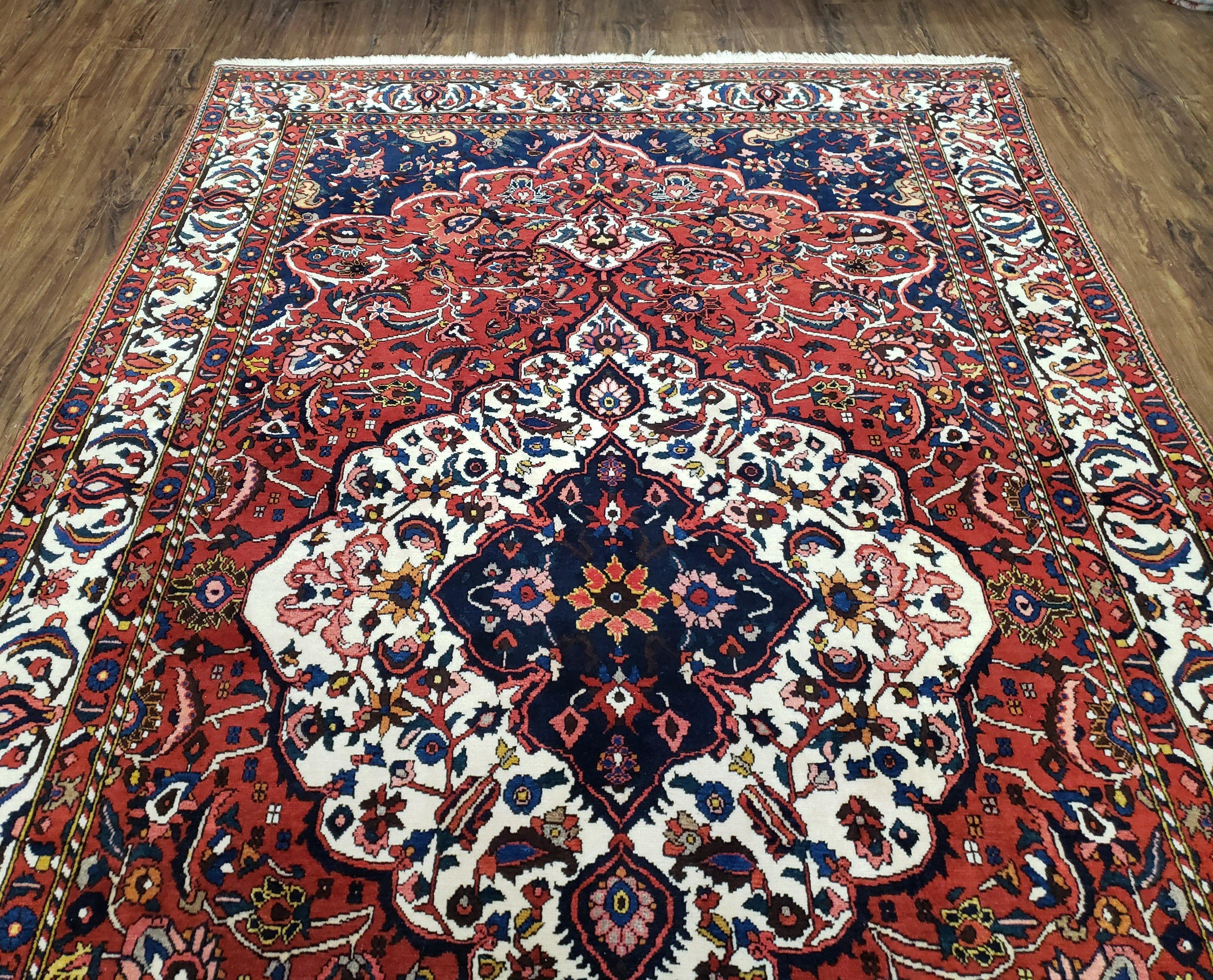 Semi Antique Persian Bakhtiari Rug, Hand-Knotted, Wool, Red, Midnight Blue, Ivory, Floral Medallion, 5'1" x 8' 6" - Jewel Rugs